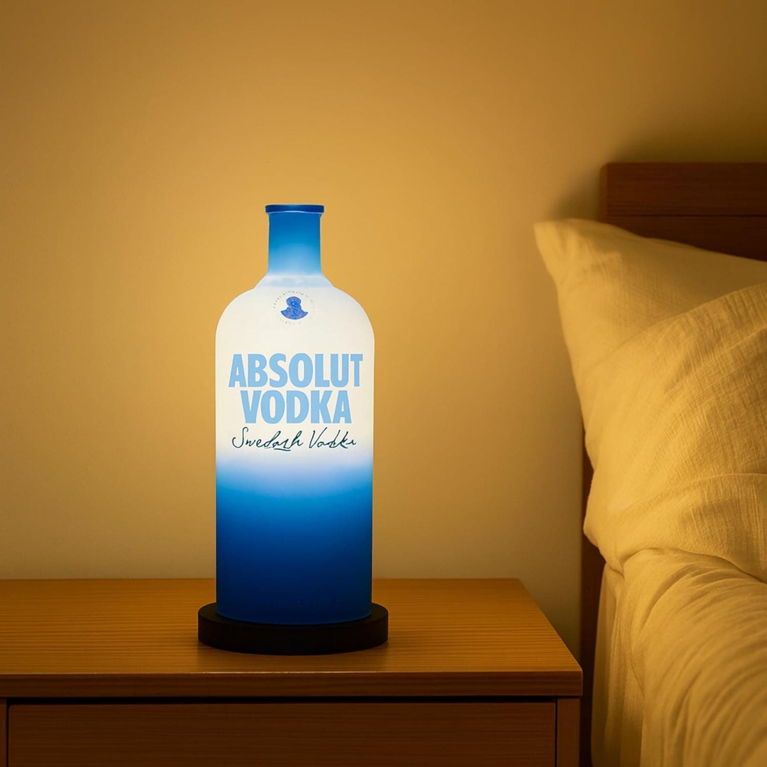 Upcycled Vodka Bottle Table Lamp with Wooden Base, Blue LED Decor Light