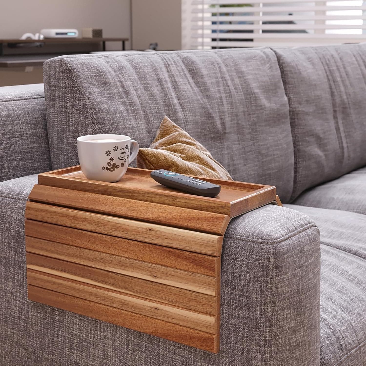 Flexible Wooden Sofa Armrest Tray Table for Snacks, Drinks and Remote