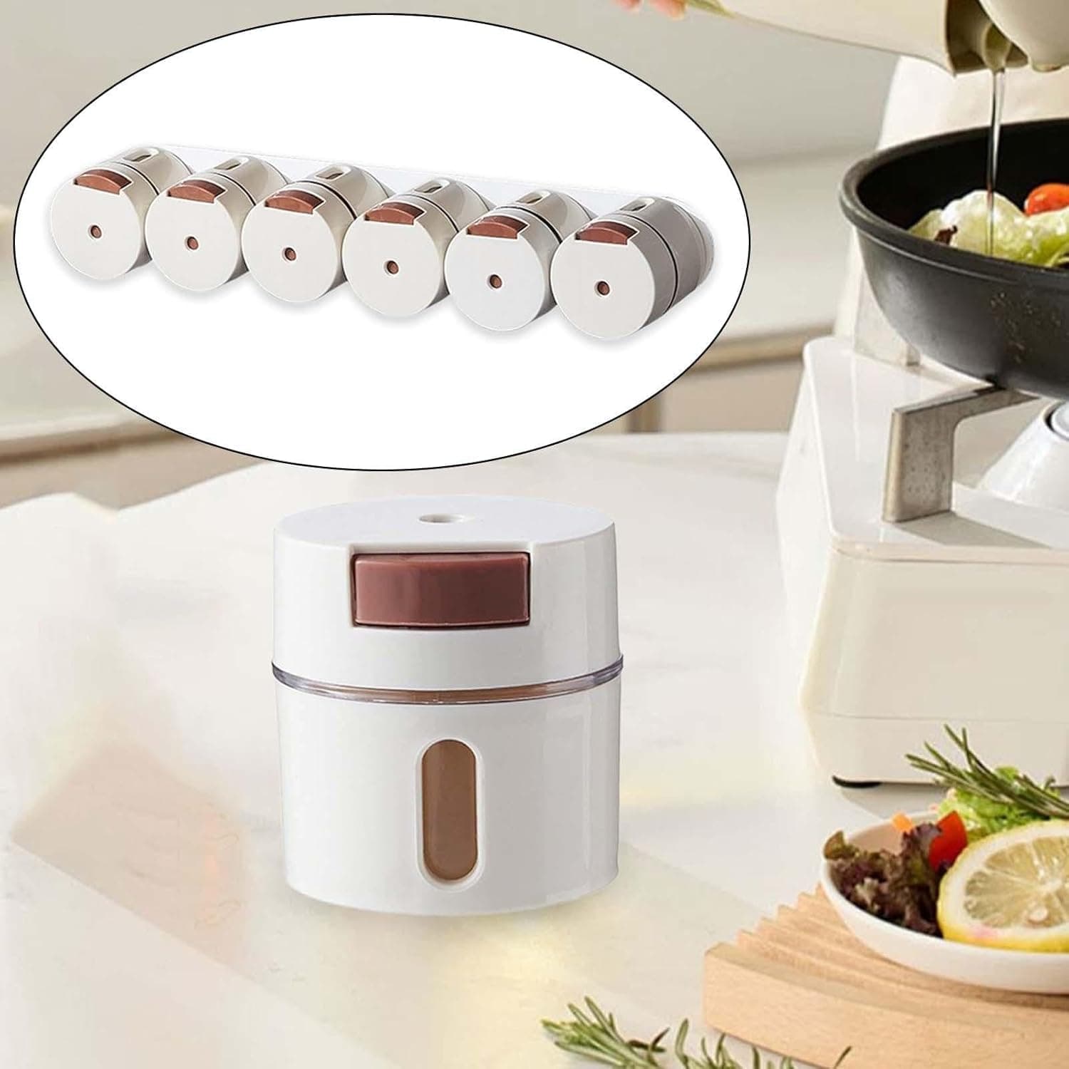 Wall Mount Magnetic Spice Organizer with Rotating One-Touch Jars