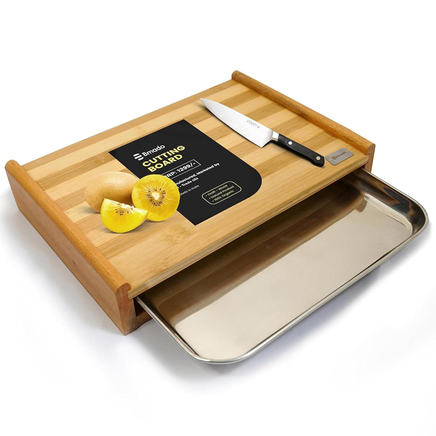 Bamboo Cutting Board with Pull-Out Stainless Steel Tray