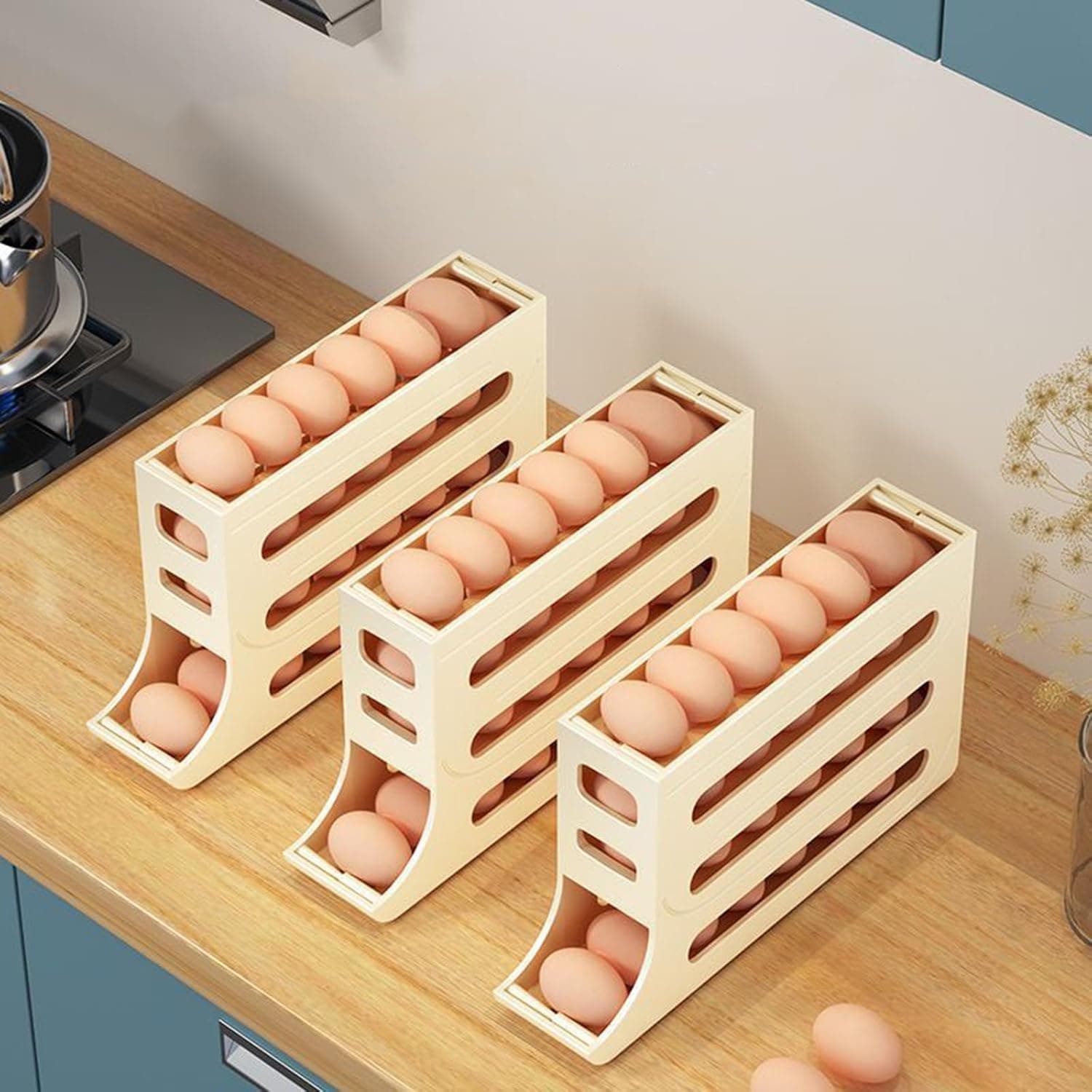 Rolling Fridge Egg Dispenser Container, 4 Tier Automatic Egg Holder