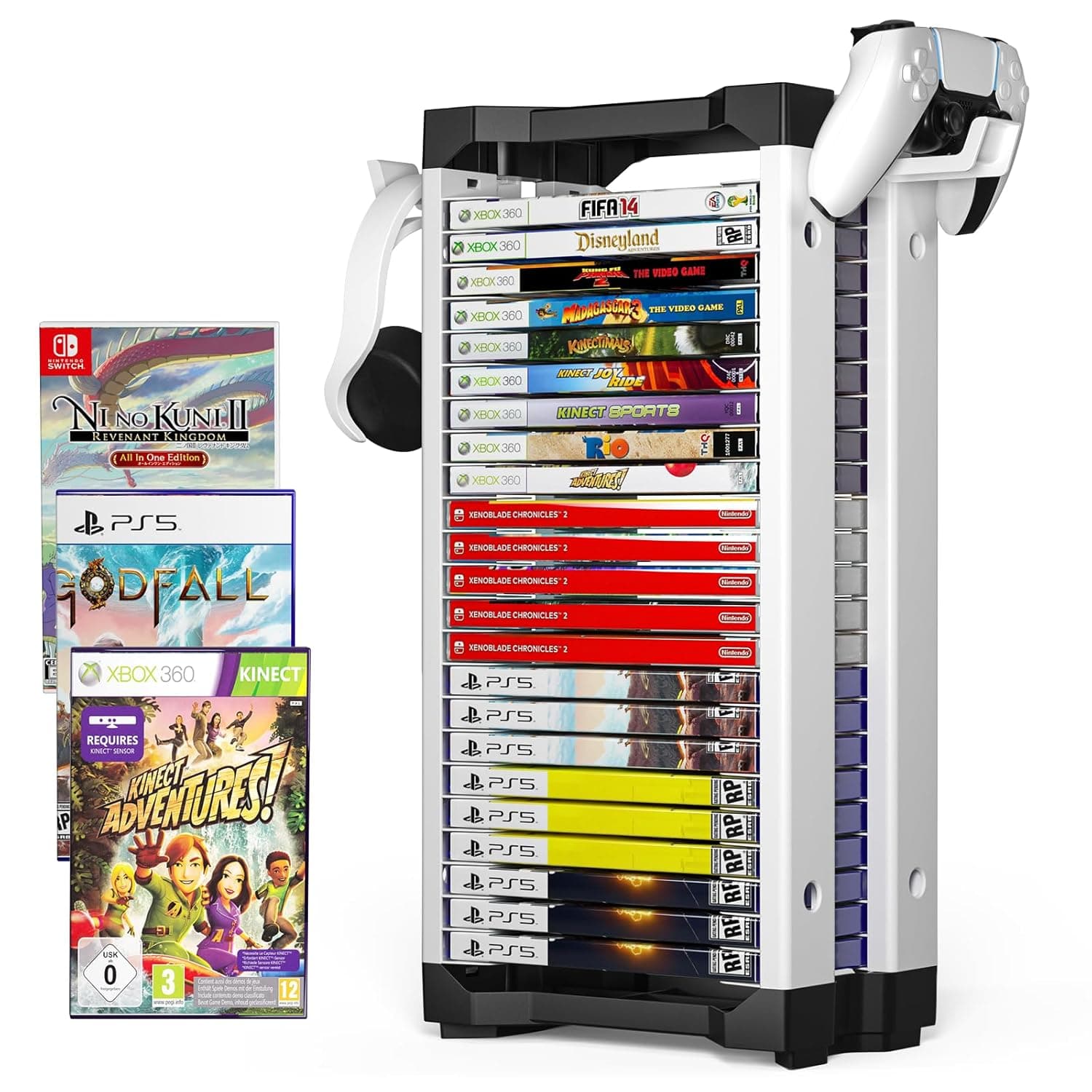 Video Game Storage Tower for 24 Discs with Dual Headset and Controller Holders