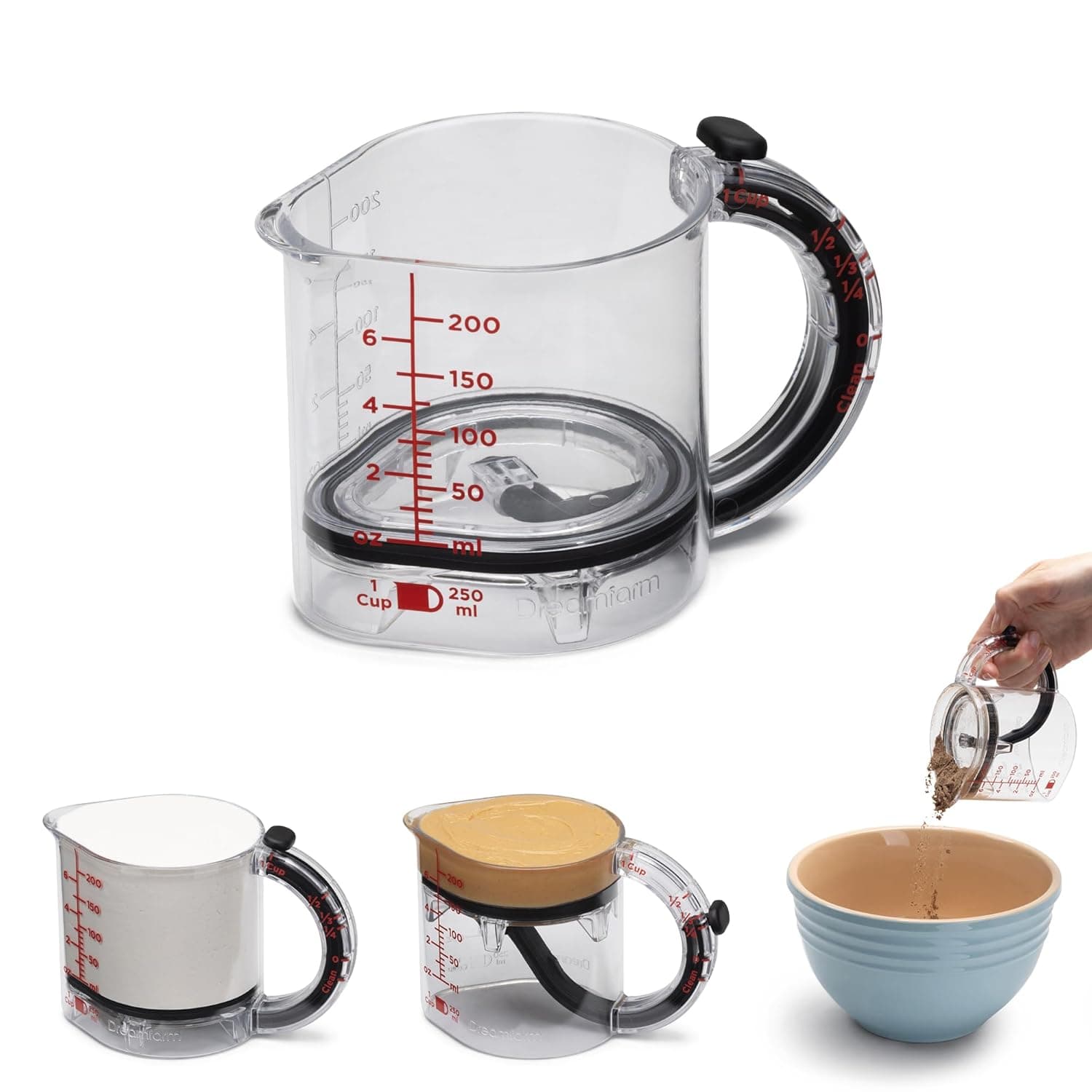 Adjustable Scrape-Up Measuring Cup, 1 Cup Transparent Push-Base Measure for Dry and Liquid Ingredients