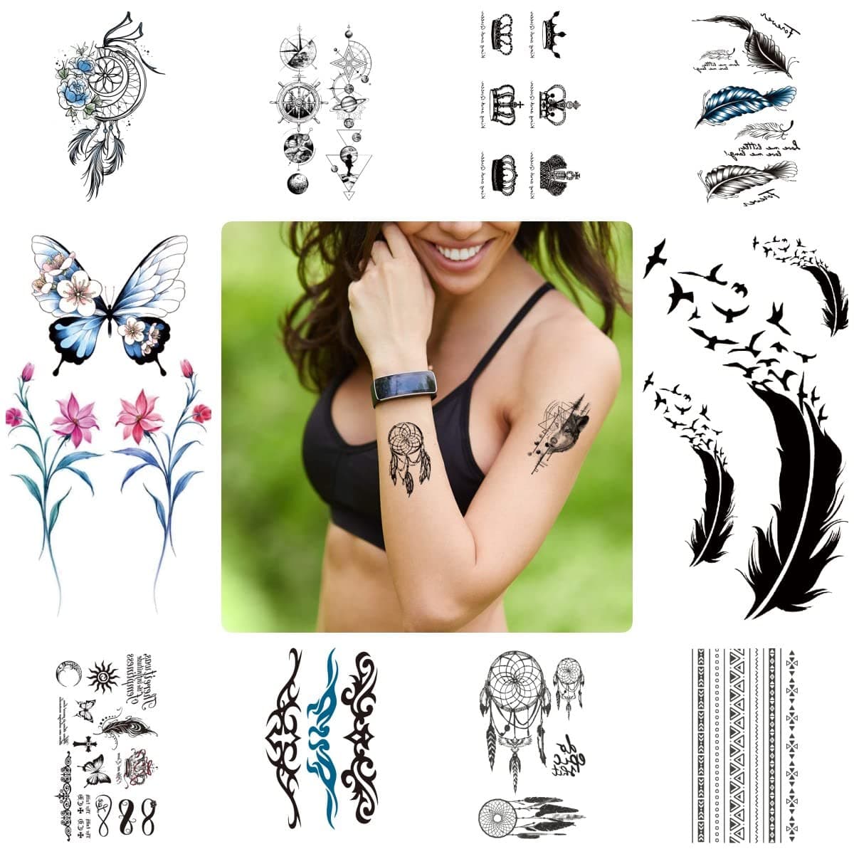 Temporary Tattoo Sticker Sheets, Waterproof Assorted Designs Pack of 10