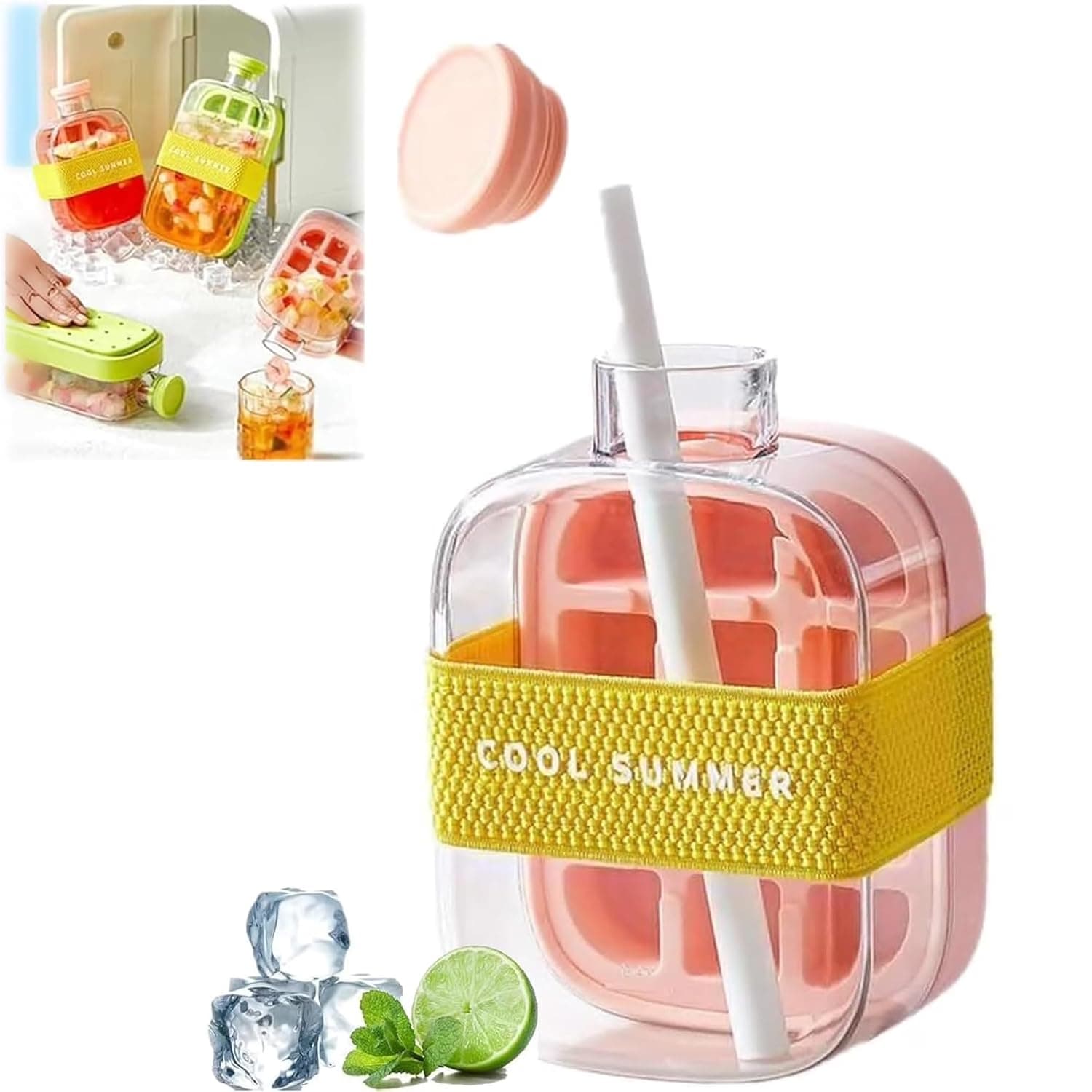 2-in-1 Ice Cube Tray Water Bottle with Straw, Press Release Freezer Bottle 500 ml