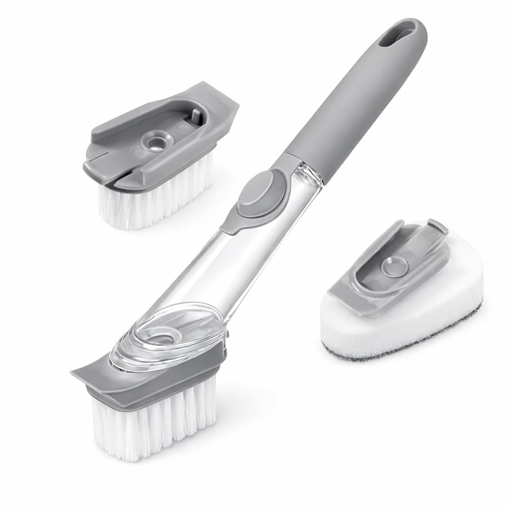 Long Handle Soap Dispensing Dish Scrub Brush with Refill Tank