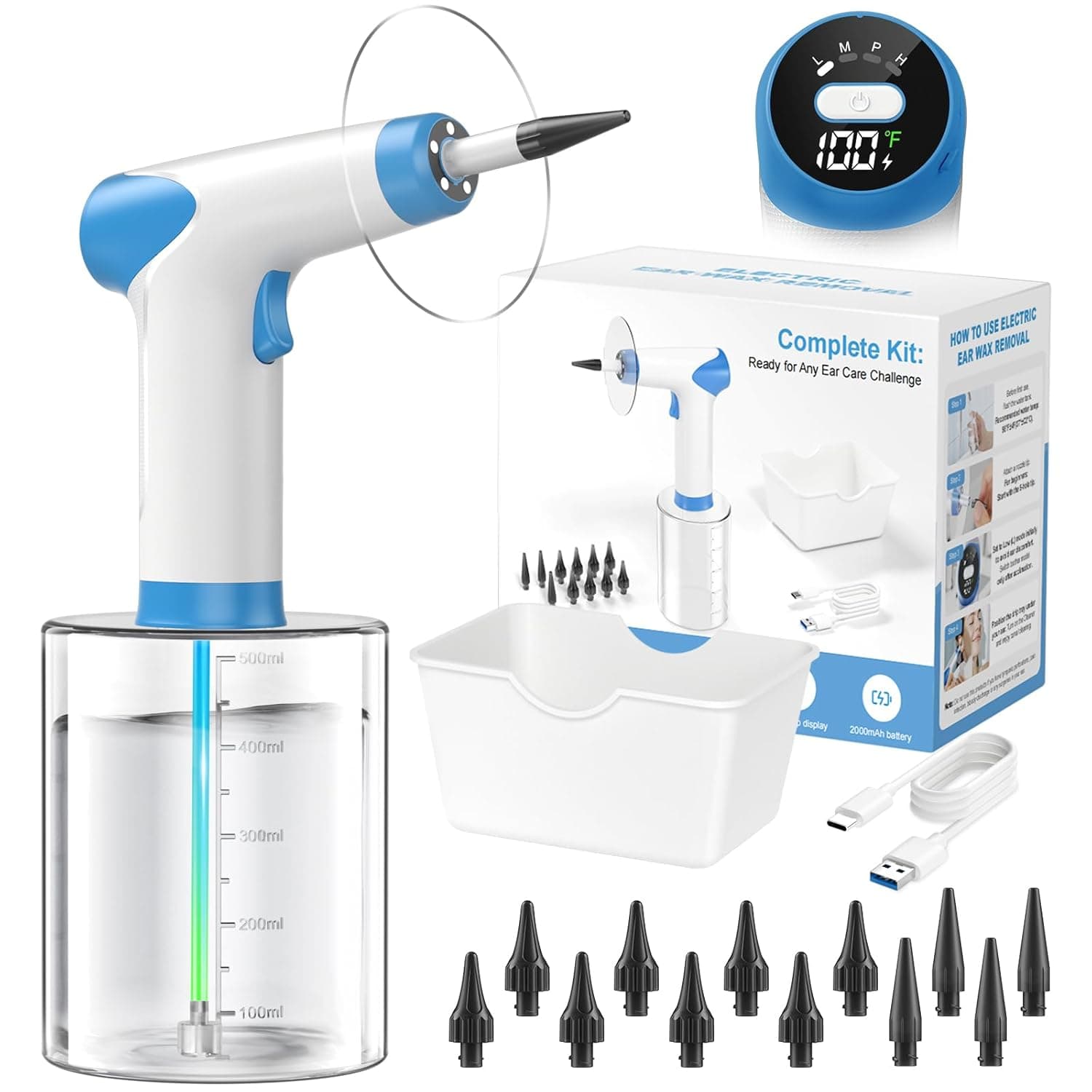 Electric Ear Wax Removal Kit with 500ml Transparent Tank and Temperature Display