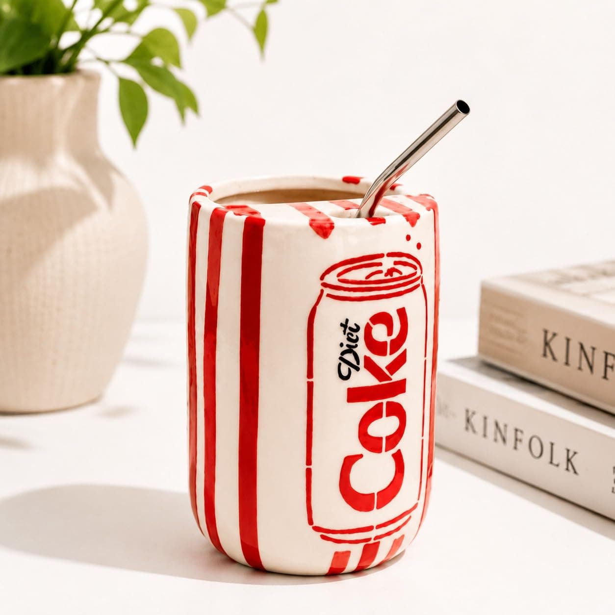Ceramic Diet Coke Can Sipper Mug with Stainless Steel Straw, 500 ml