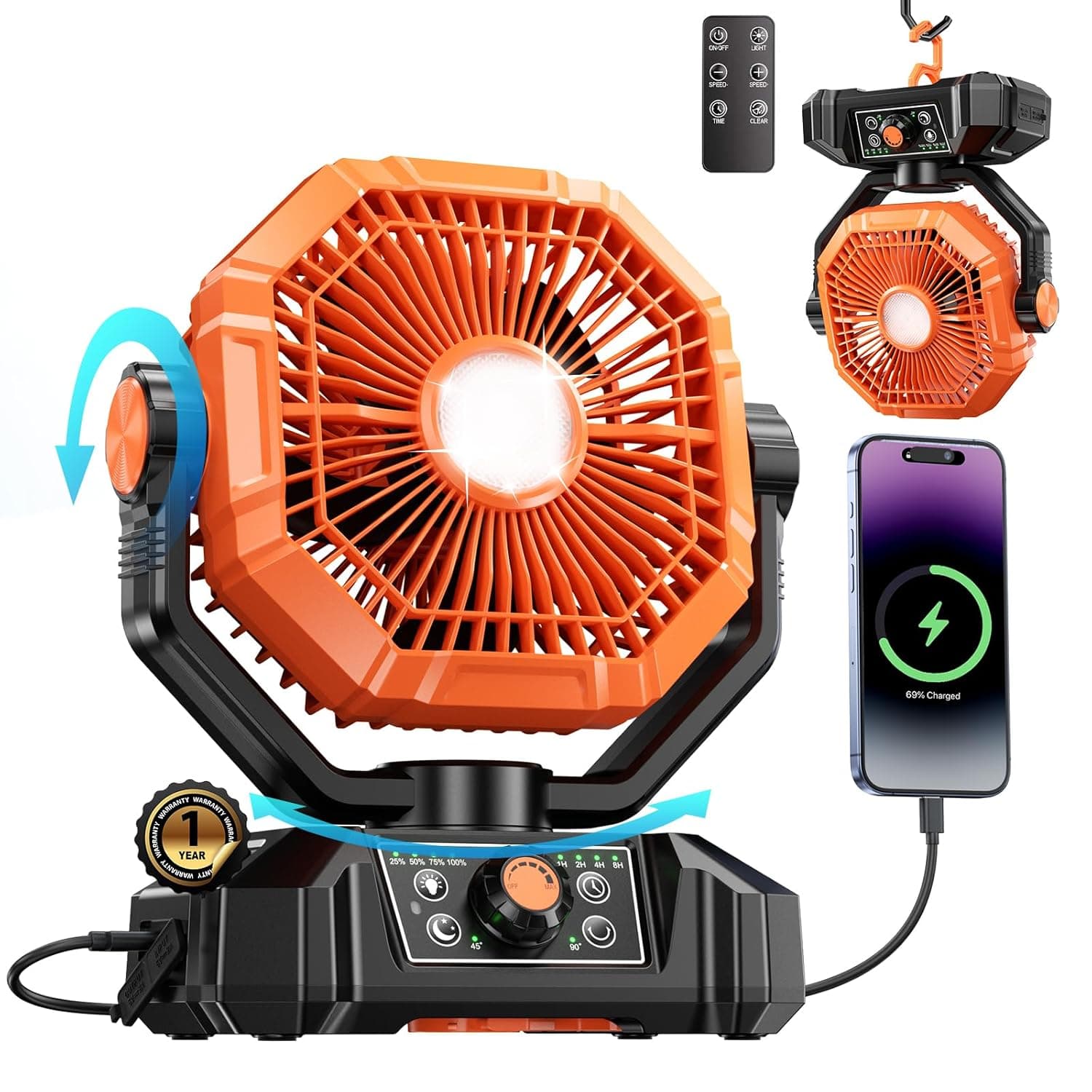 Portable Rechargeable Table Fan with LED Emergency Light, 20000mAh Remote-Control Fan