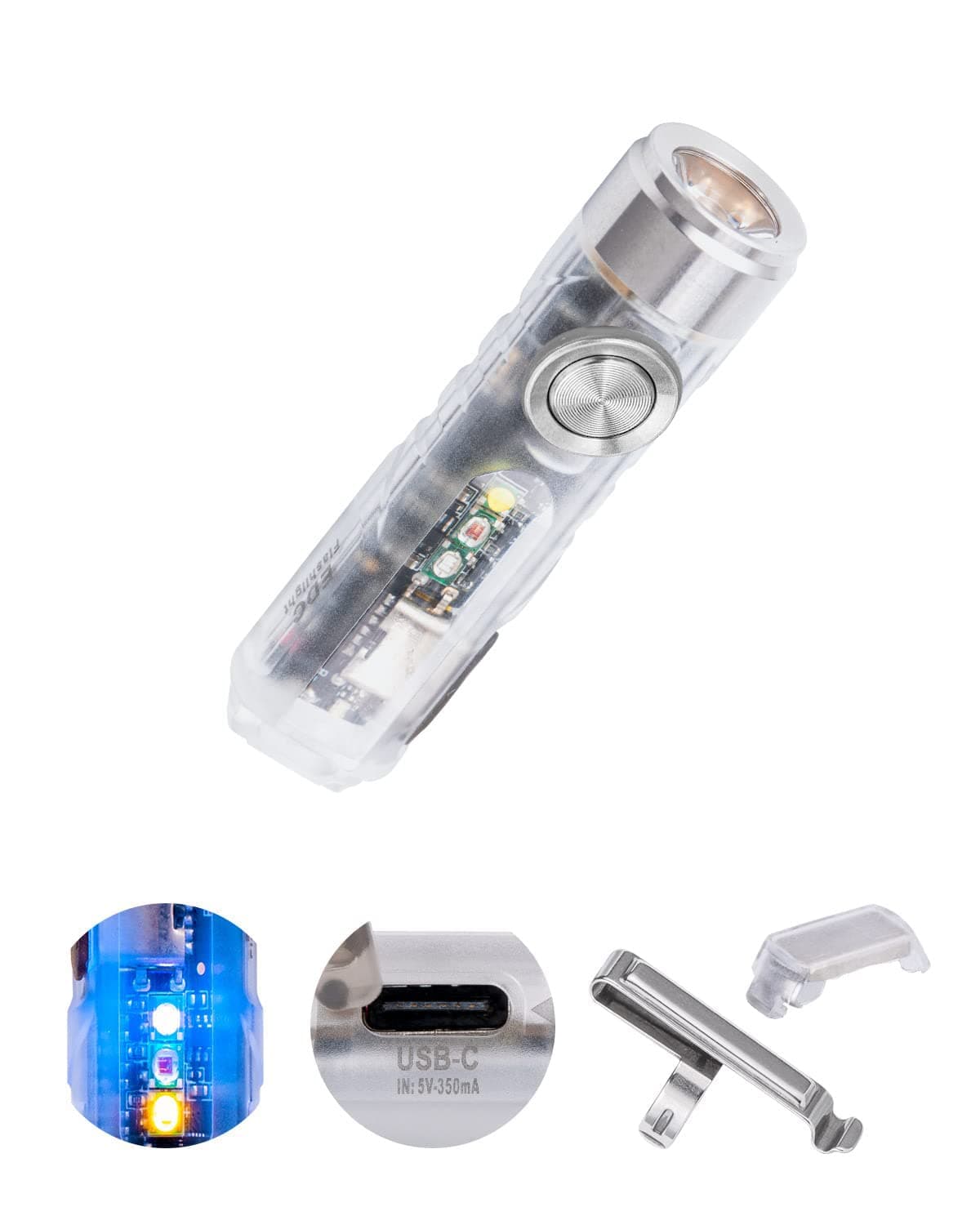 Rechargeable Transparent EDC Keychain Flashlight, Twist Lock Pocket Torch
