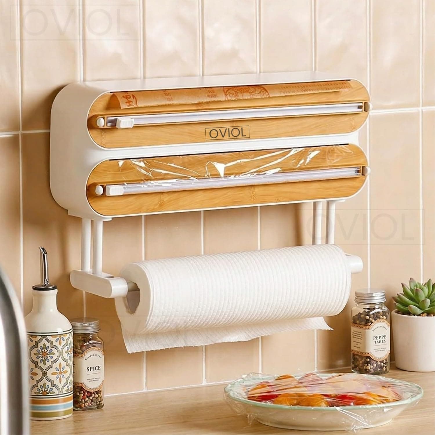 3-in-1 Foil and Cling Film Dispenser with Paper Towel Holder, Magnetic Wall Mount