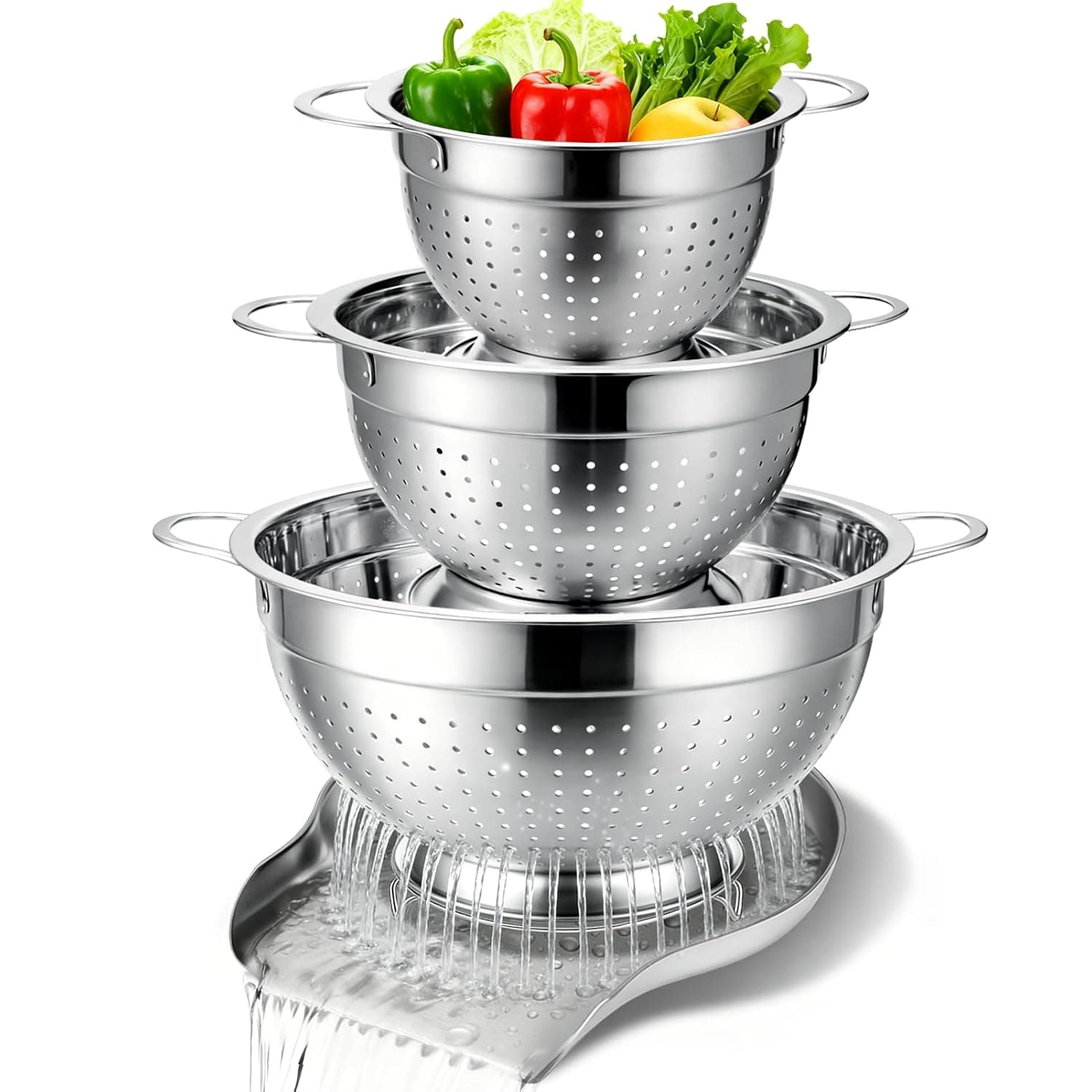 Stainless Steel Colander Set with Handle and Self-Draining Sink Base