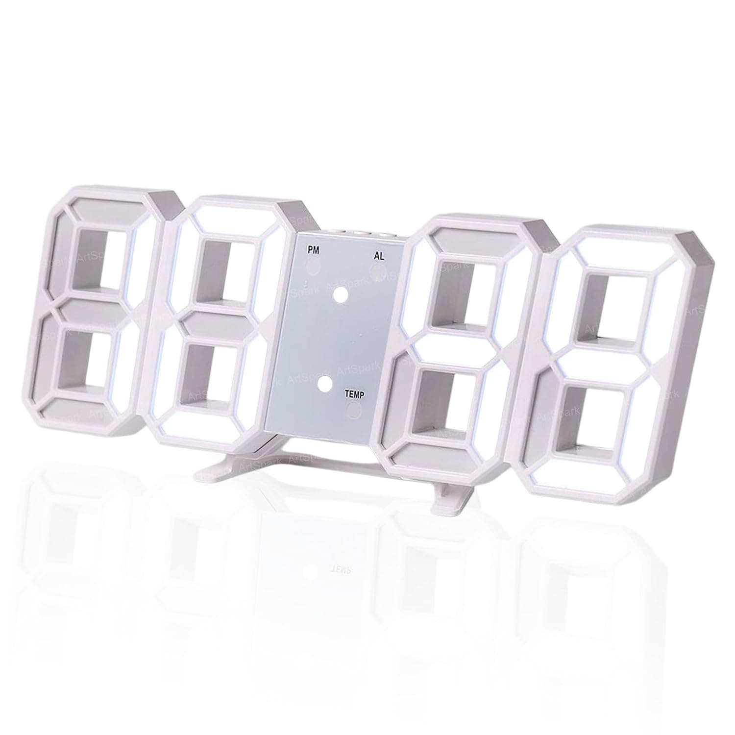 3D LED Digital Wall Clock, White Body with Blue 7-Segment Display