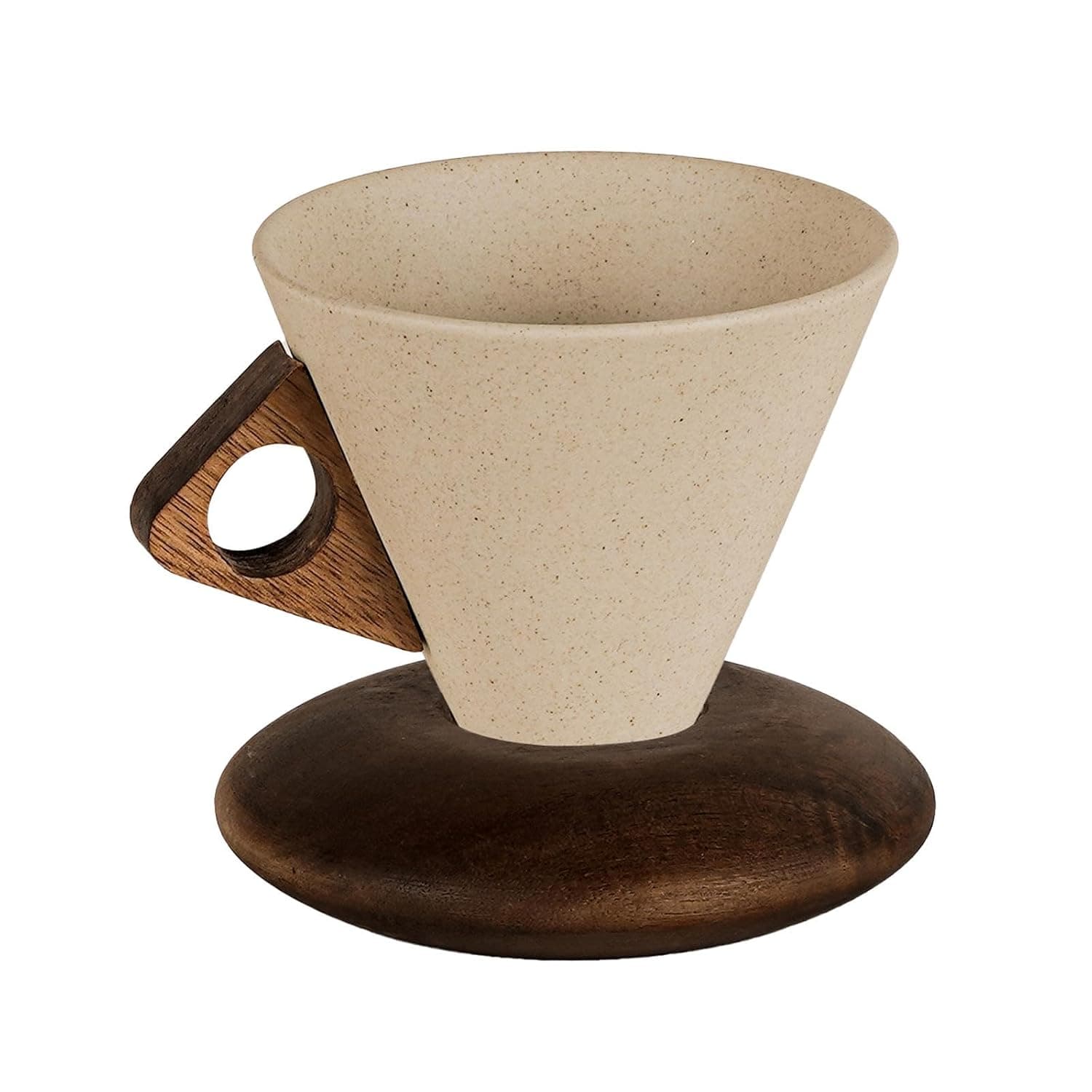 Cone Shape Ceramic Coffee Cup with Wooden Base, Vintage Beige Tea Mug