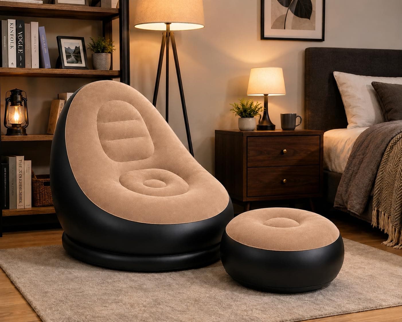 Inflatable Air Sofa Chair with Ottoman, Portable Flocked Blow Up Lounge Seat with Electric Pump