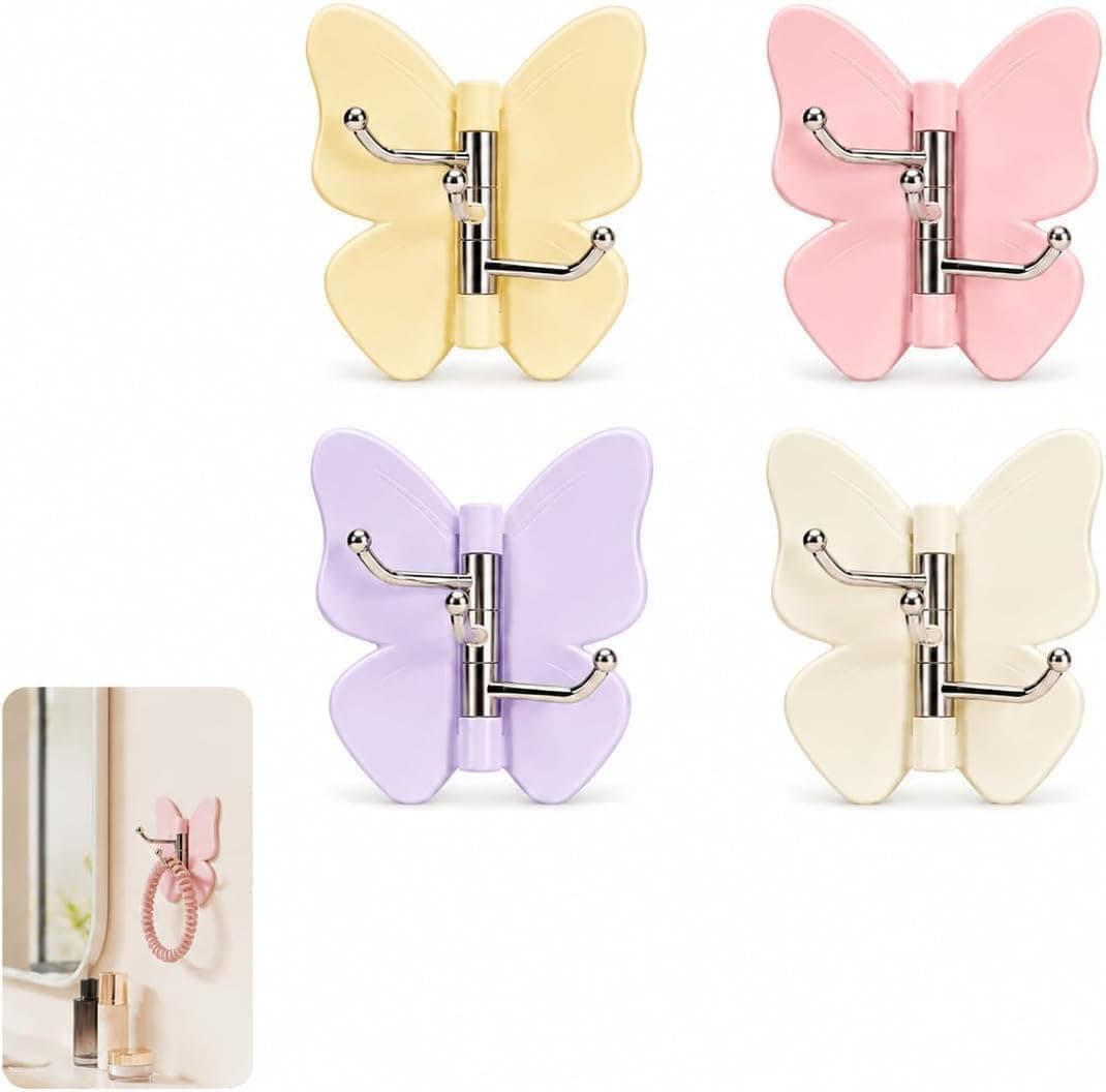 Butterfly Rotating Adhesive Wall Hooks, Pack of 4 Corner-Fit 3 Pin Hangers