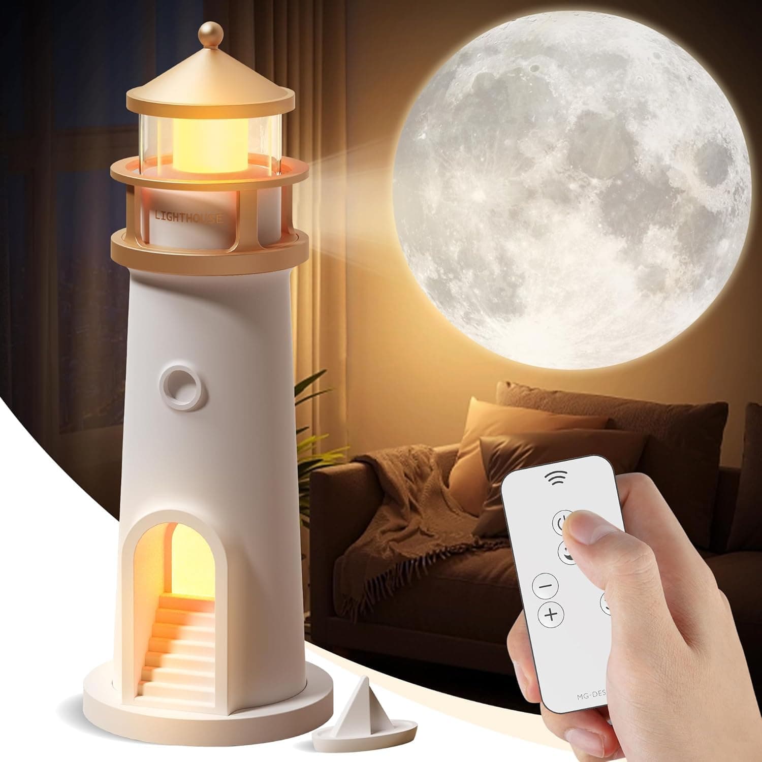Lighthouse Moon Projector Night Lamp, USB Rechargeable Remote-Controlled Table Light