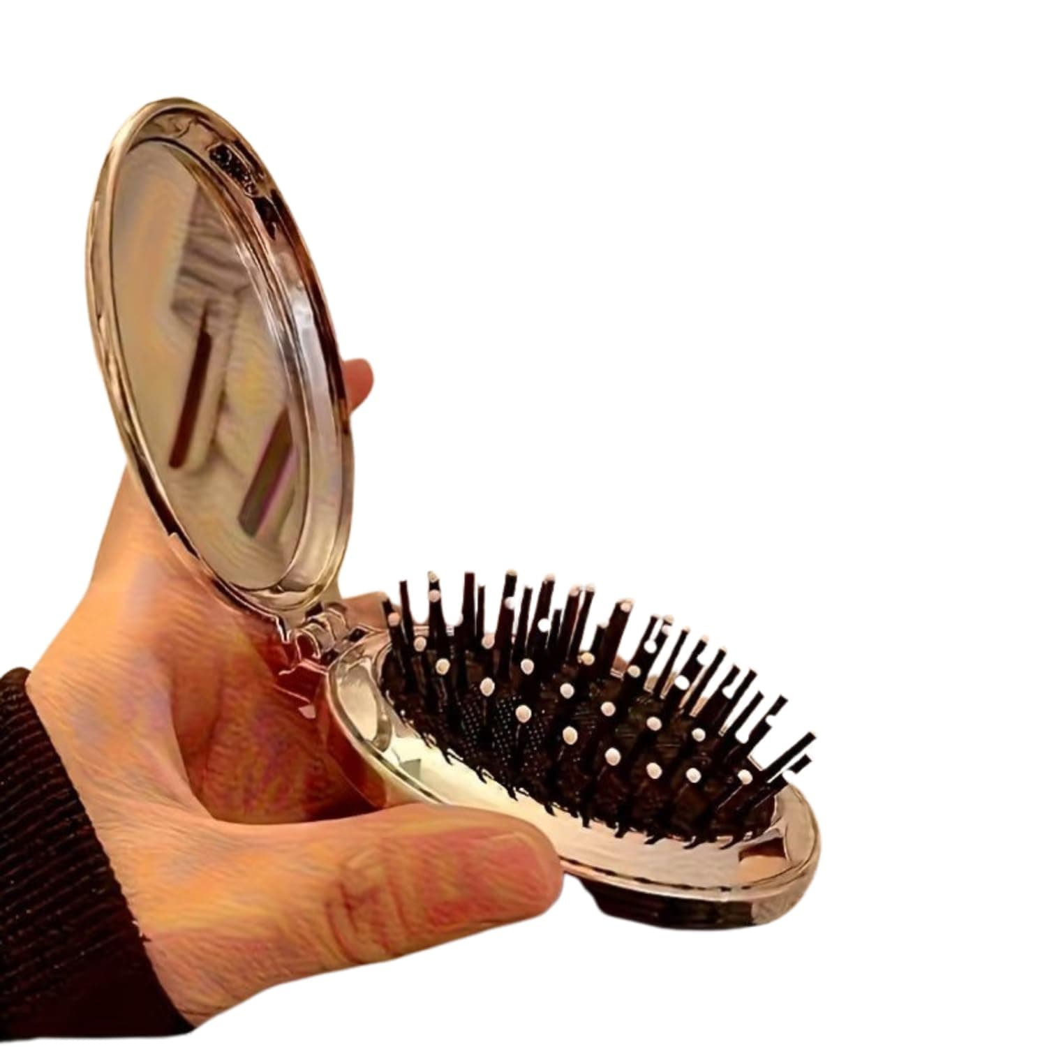 Folding Pocket Hair Brush with Mirror, Metallic Oval Travel Comb