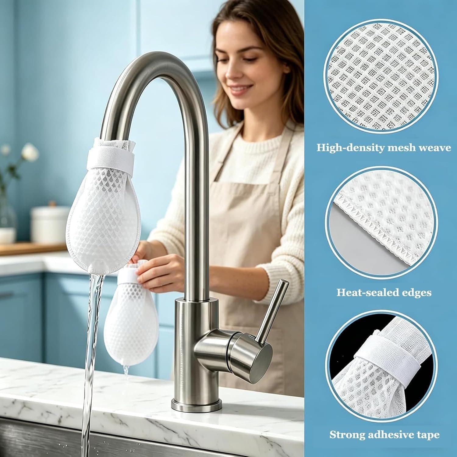Faucet Water Filter Mesh Pads Pack of 20, Universal Tap Splash Guard with Securing Strap