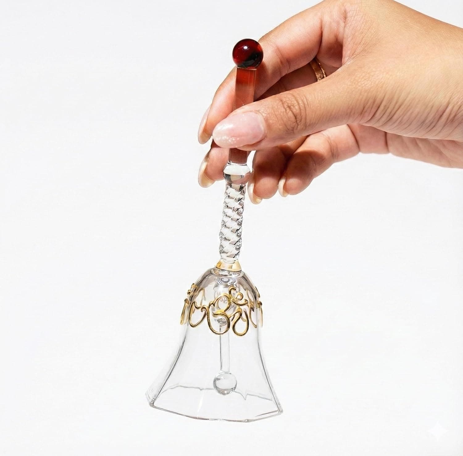 Handcrafted Glass Temple Bell with OM Print, Transparent Pooja Ghanti