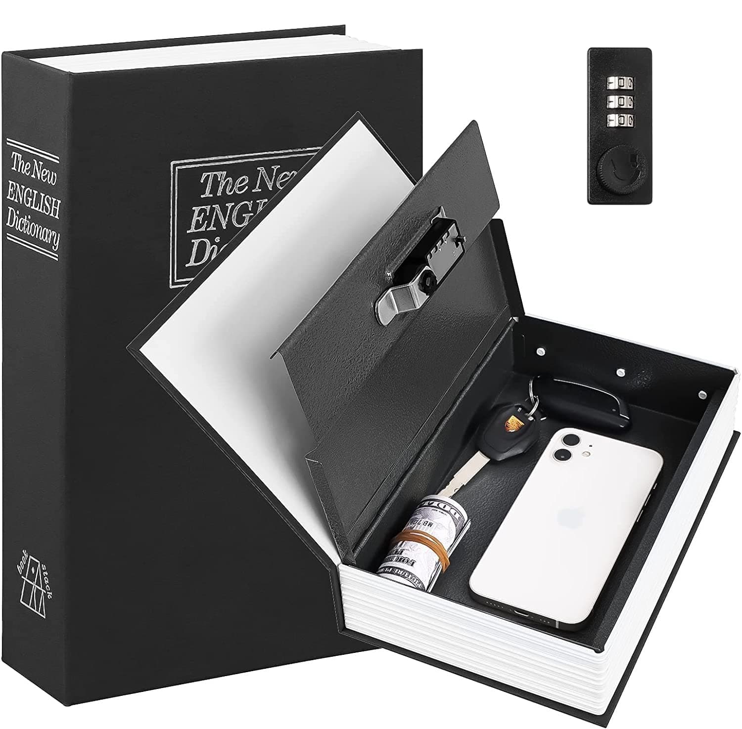 Dictionary Book Safe with 3-Digit Combination Lock, Small Hidden Steel Cash Box