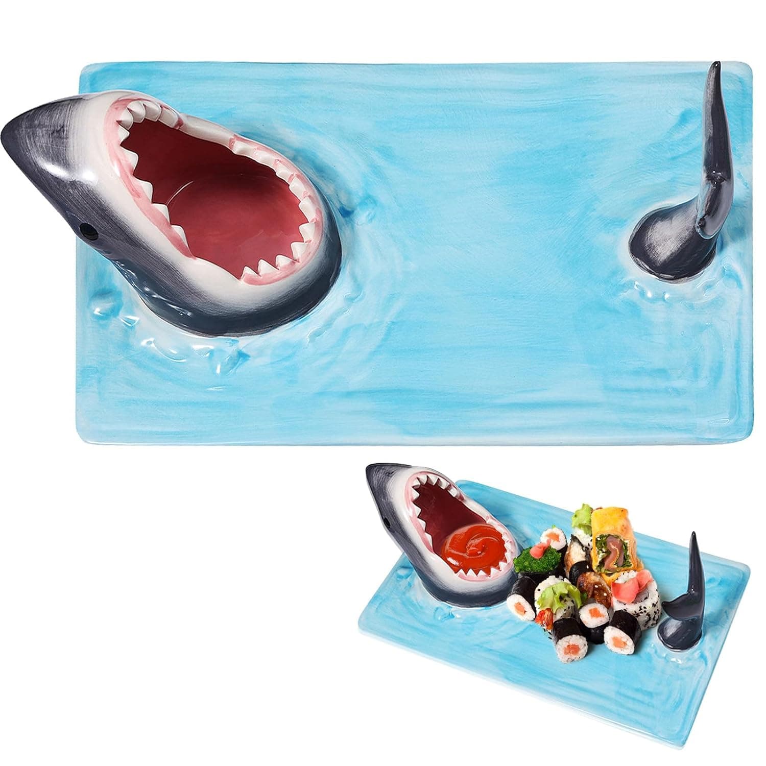 Shark Attack Ceramic Serving Platter with Dip Bowl Mouth, Hand-Painted Rectangle Plate