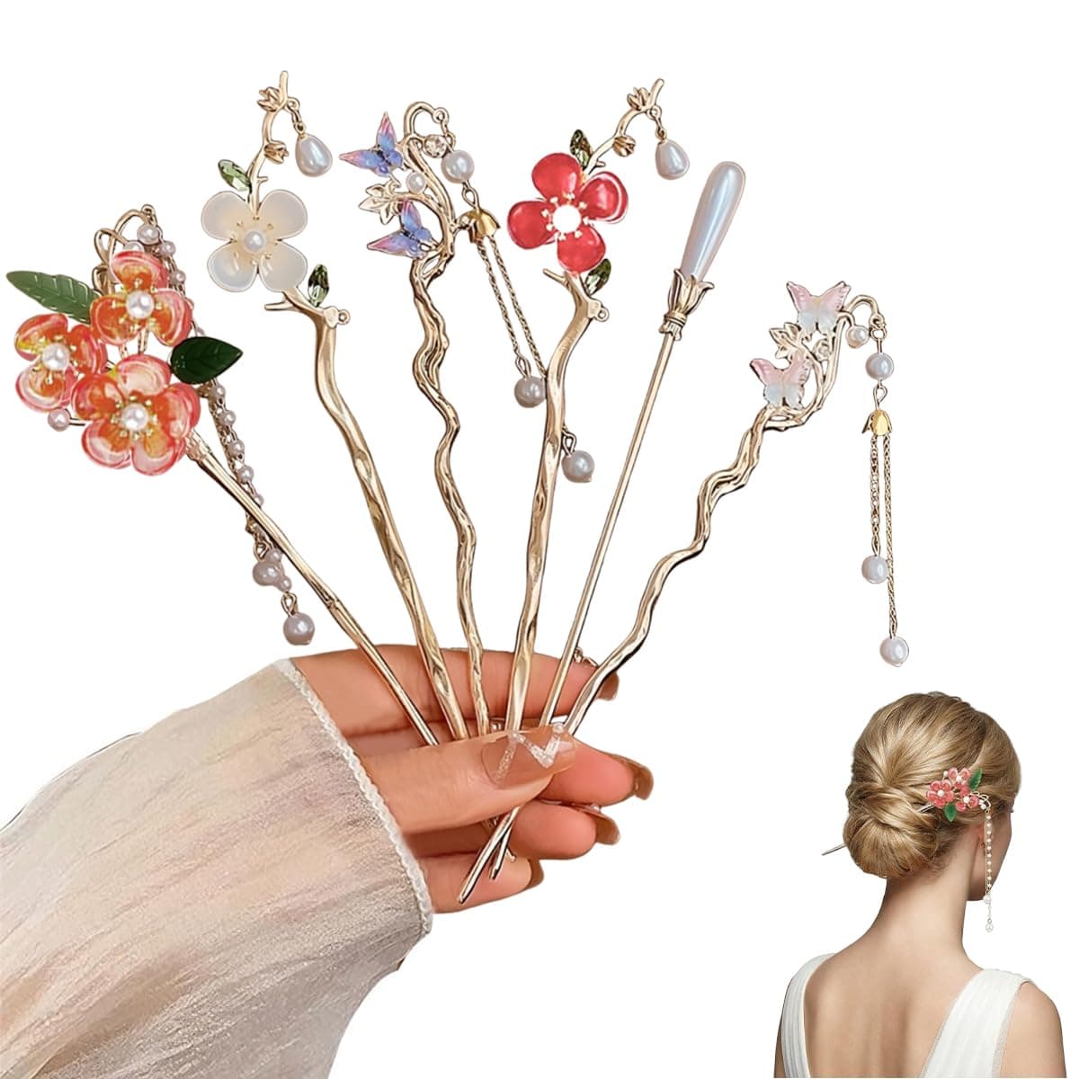 Floral Pearl Tassel Chinese Hair Sticks Set of 6 for Buns and Updos