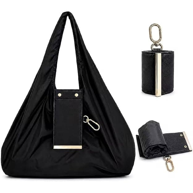 Foldable Reusable Shopping Tote Bag with Clip-On Storage Pouch, Large Capacity