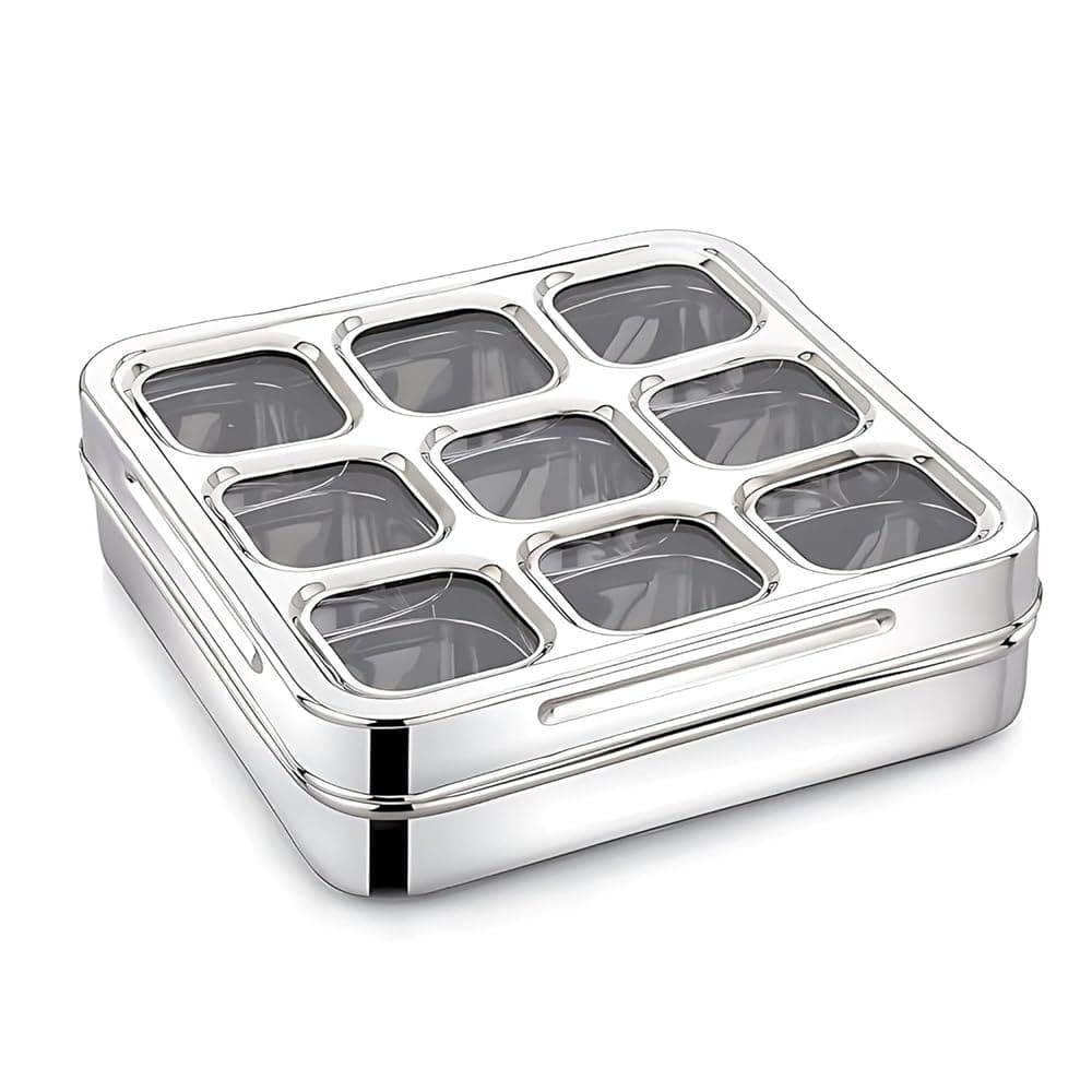 Stainless Steel 9-Compartment Masala and Dry Fruit Storage Box with Transparent Lid