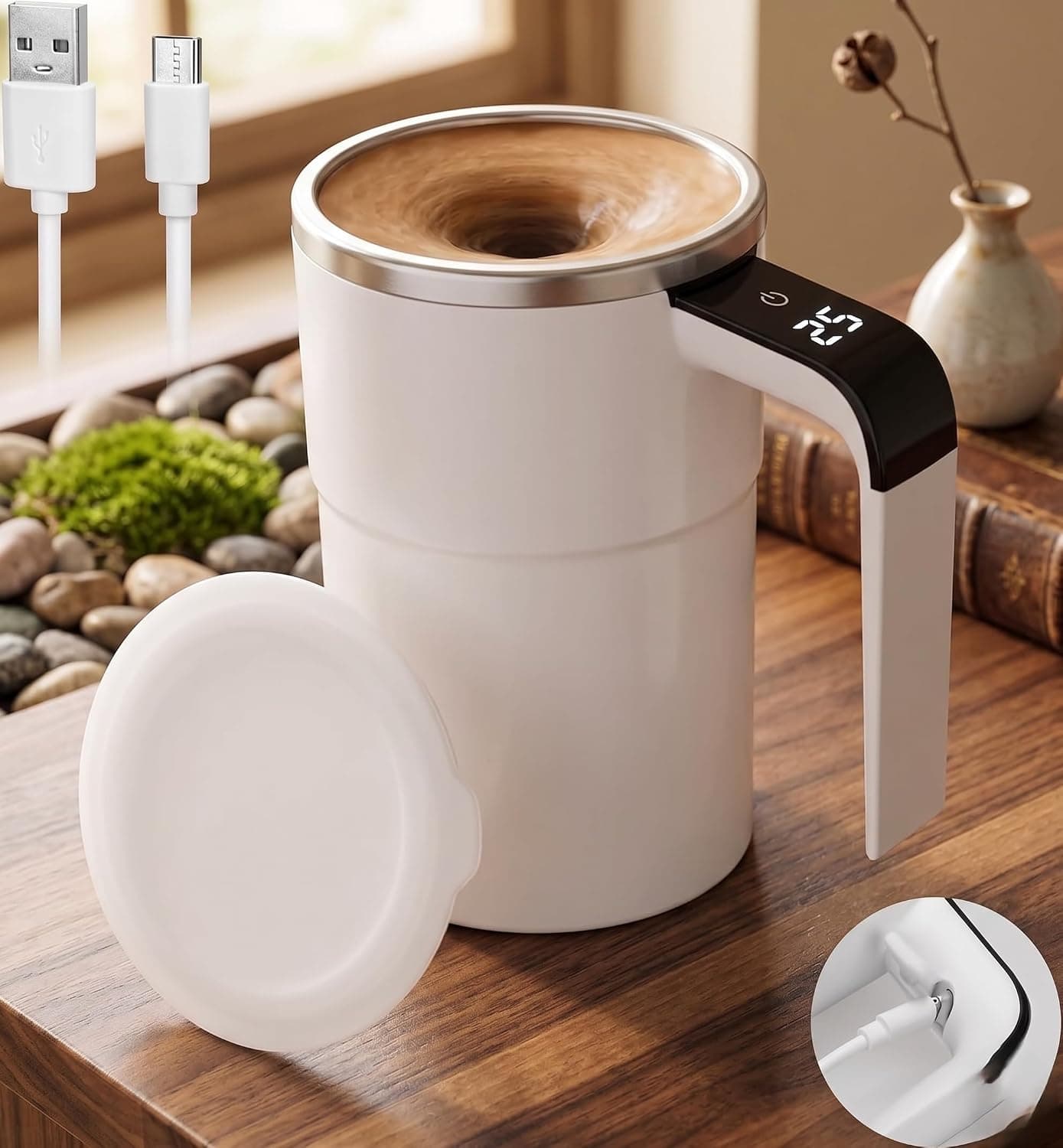 Rechargeable Magnetic Self Stirring Coffee Mug with Temperature Display