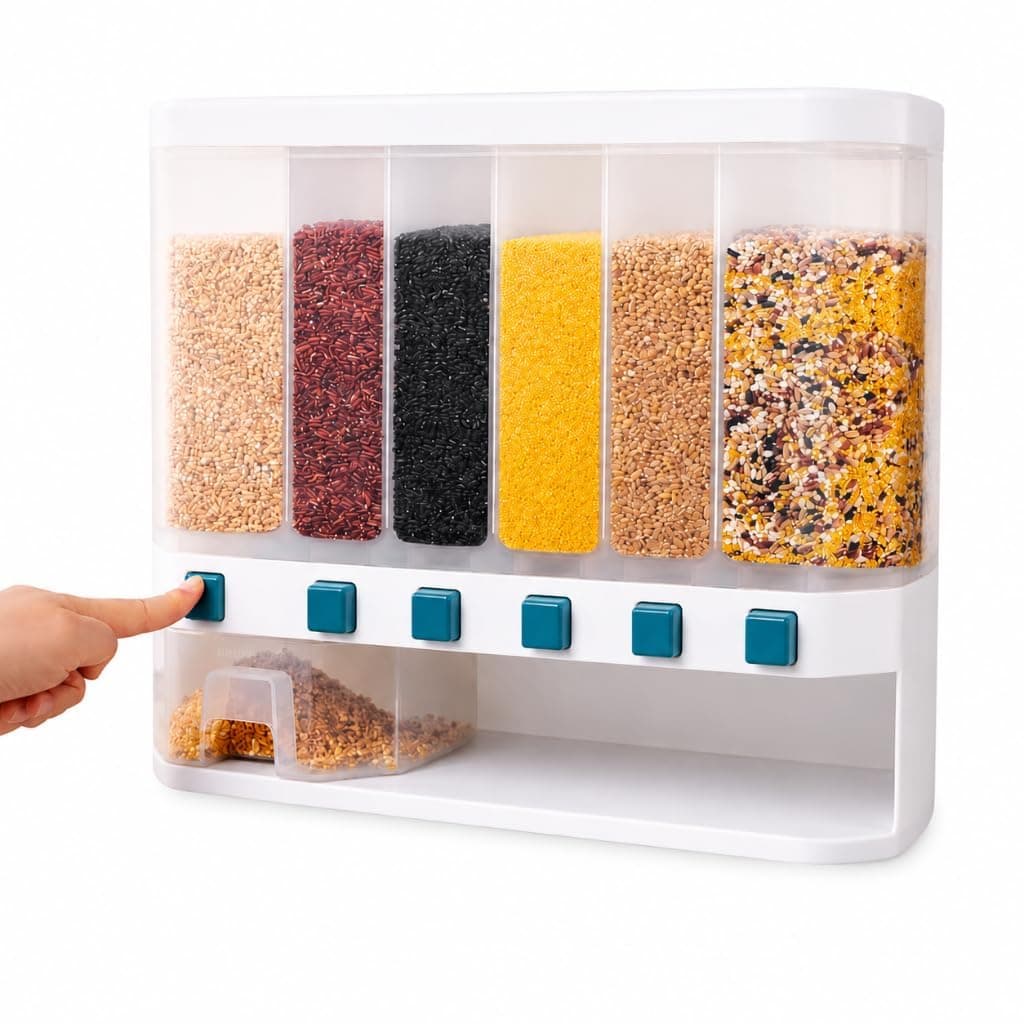 Wall Mounted 6 Compartment Grain Dispenser, Push Button Dry Food Storage Container