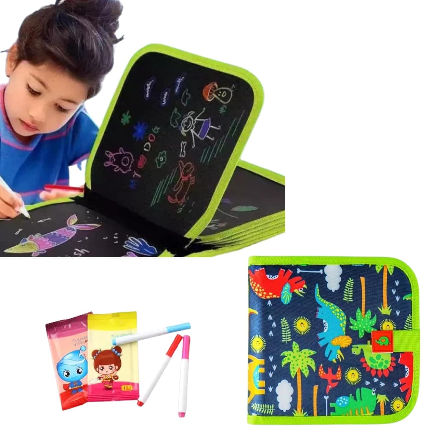 Reusable Erasable Doodle Book Set for Kids, 6 Pages with 3 Water Markers