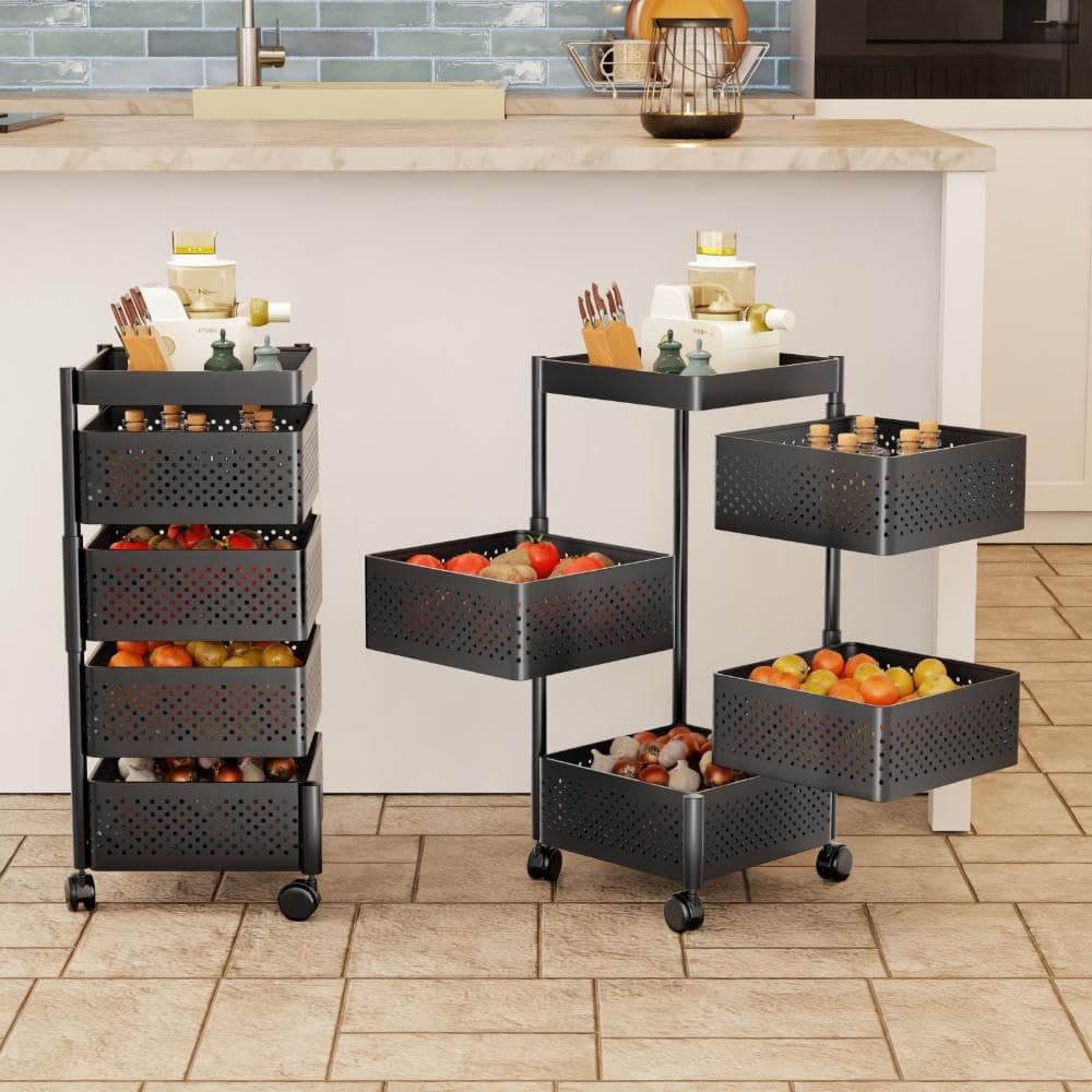 Rotating Side-Open Multi-Tier Storage Trolley with Wheels, Metal Vegetable Basket Rack