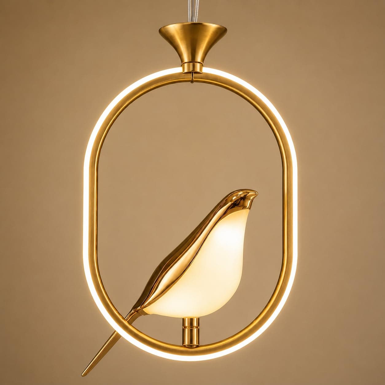 Bird Ring LED Pendant Light, 3 Colour Changing Brass Finish Hanging Lamp