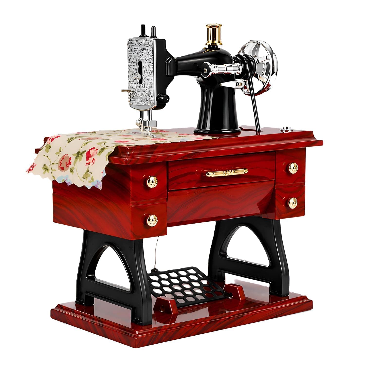 Vintage Mini Sewing Machine Music Box Showpiece with Moving Pedals and Pull-Out Drawer