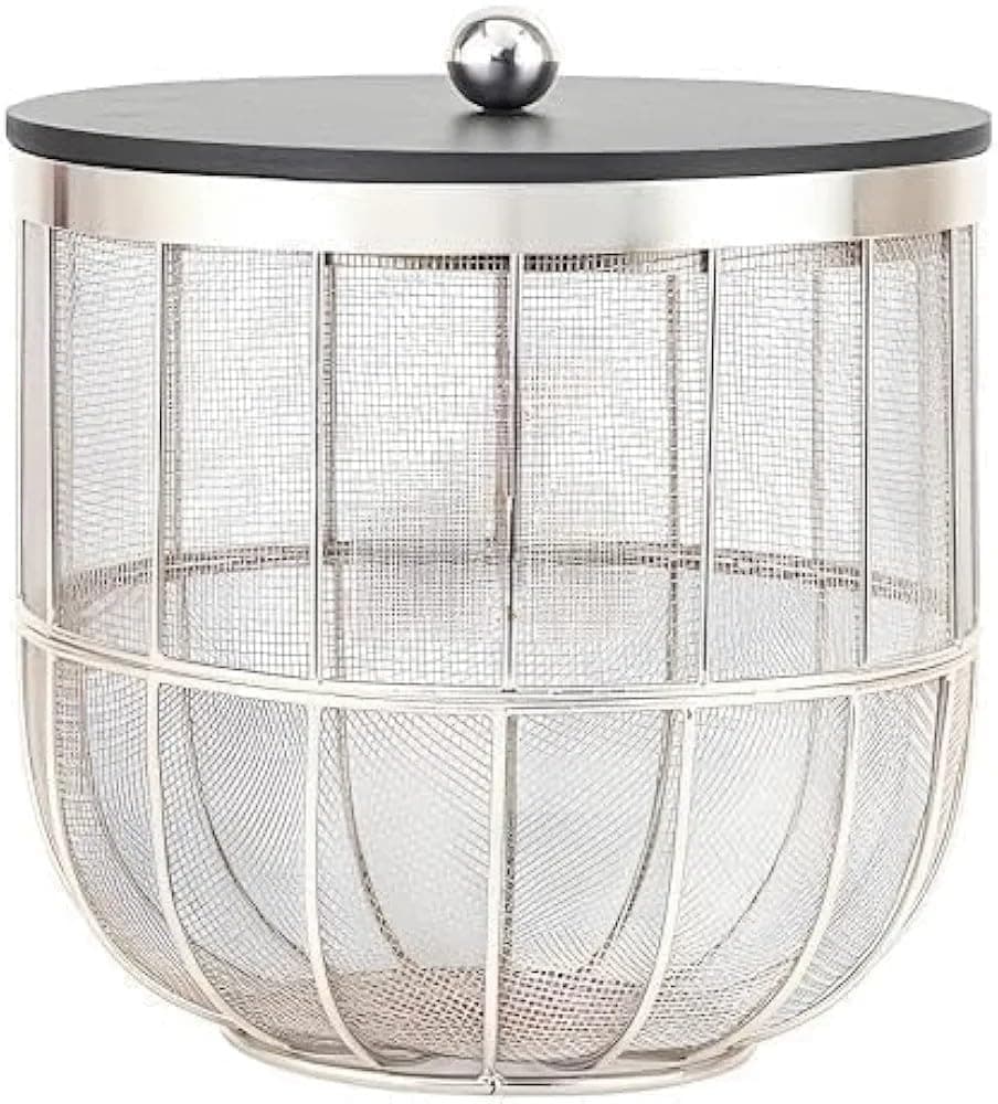 Round Metal Mesh Fruit Basket with Lid, Bird Cage Style Silver Counter Storage