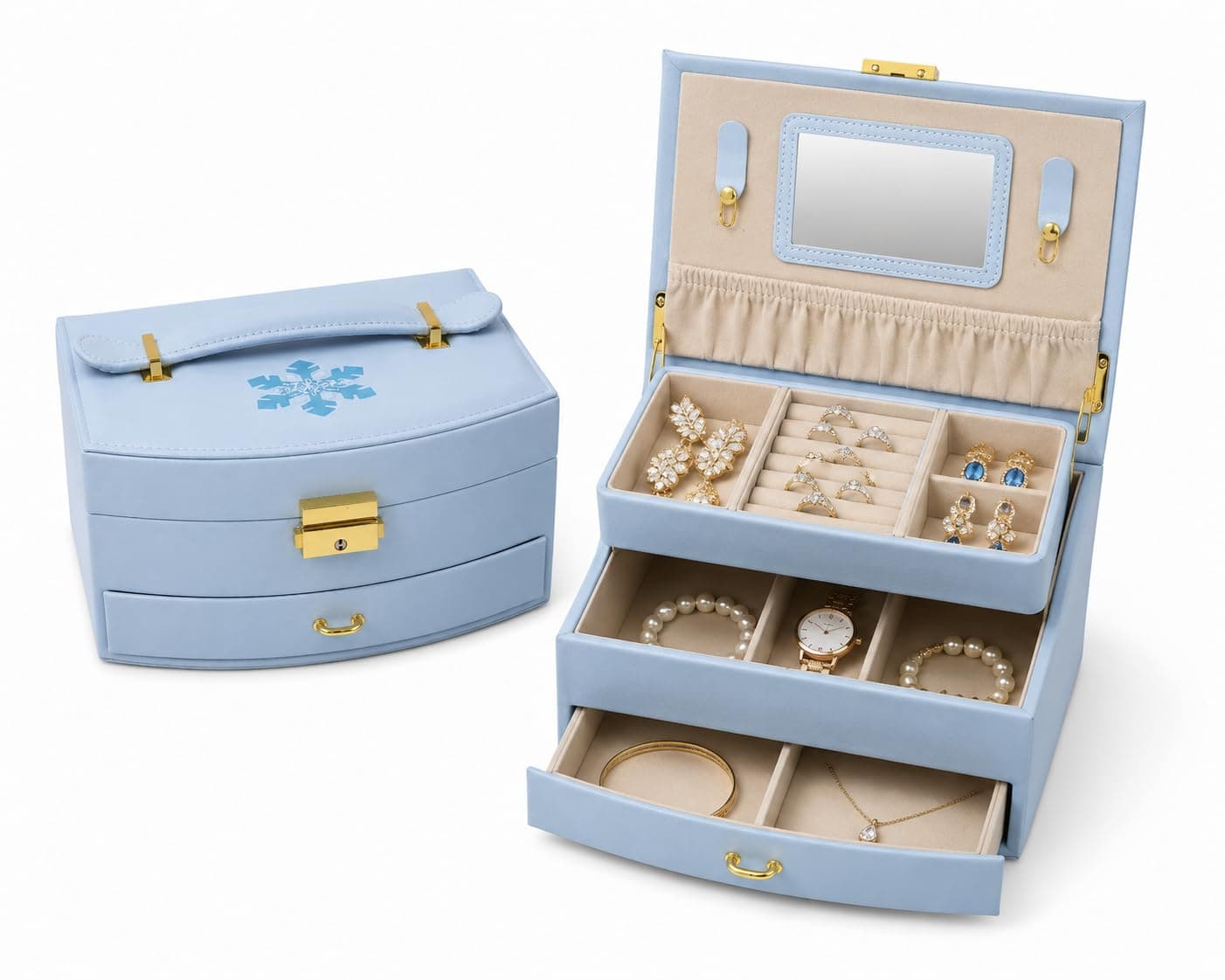 Multi-Layer Lockable Jewellery Storage Box with Mirror and Drawers, Sky Blue