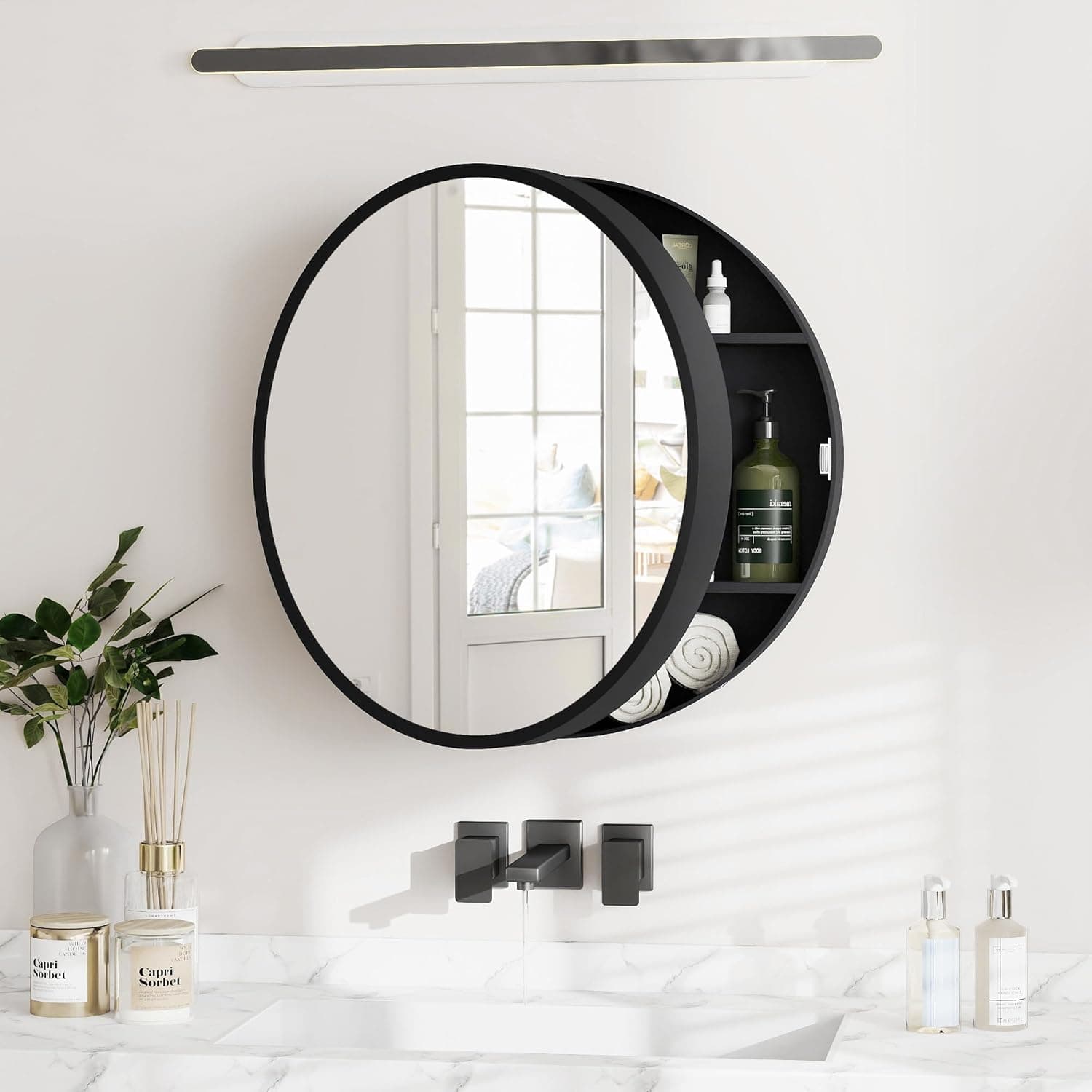 Round Wall Mirror with Hidden Side Storage Cabinet, Black