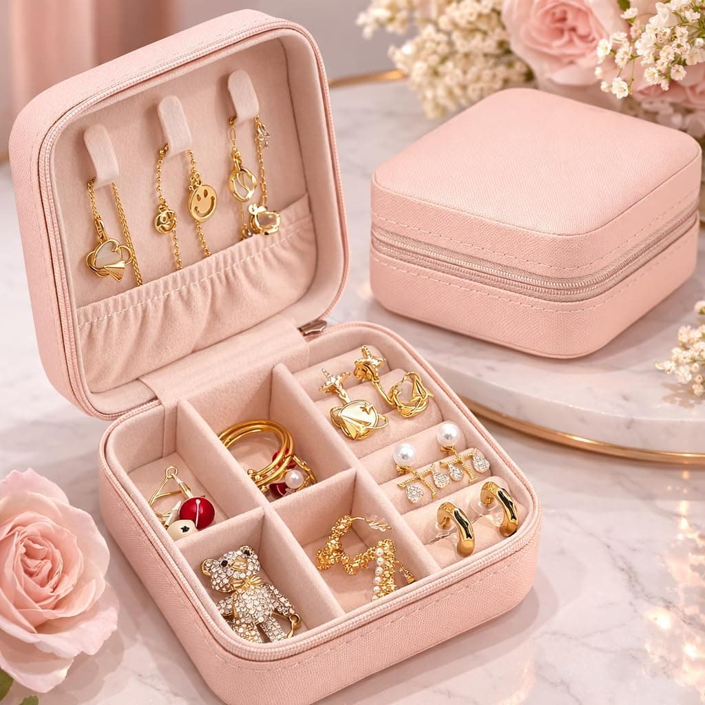 Small Travel Jewellery Box, Pink Vegan Leather Zip Case with Necklace Hooks