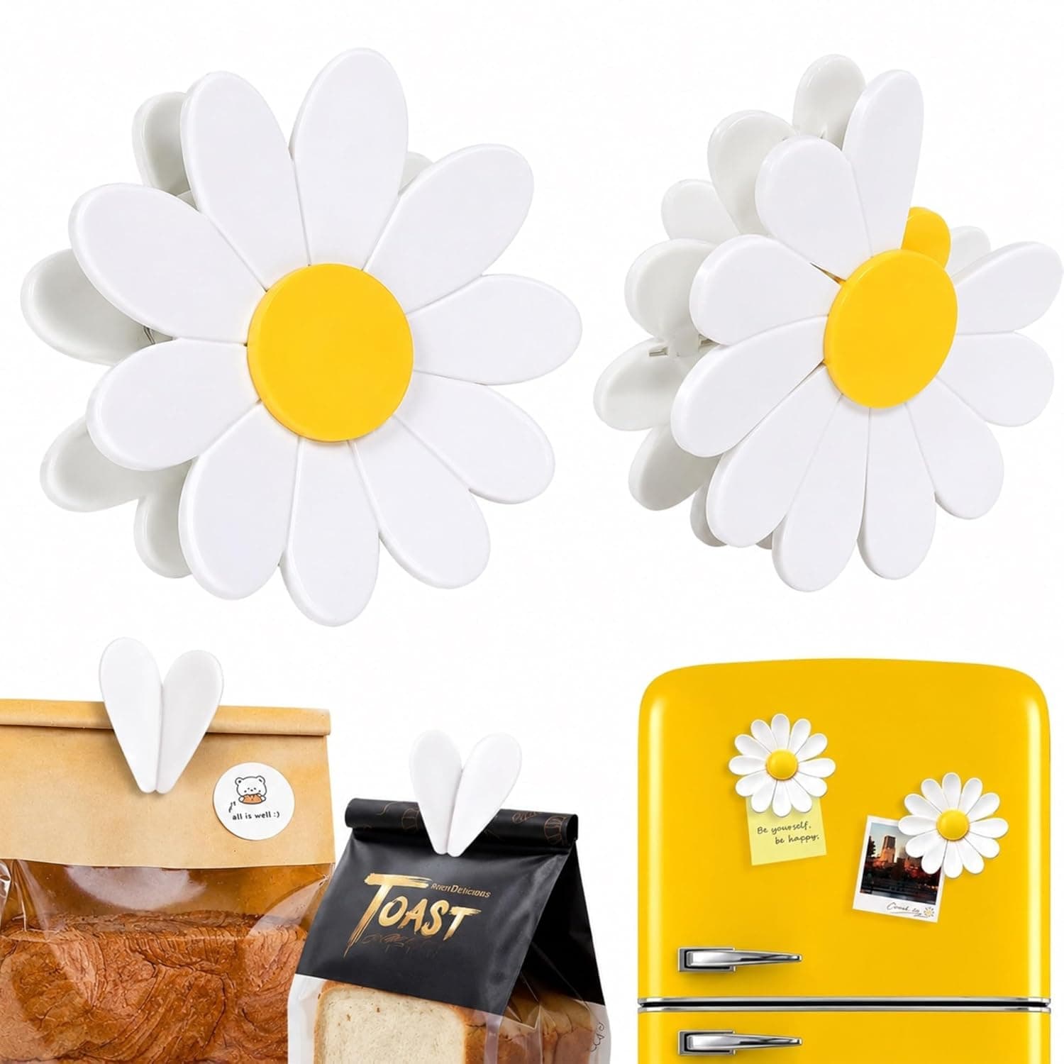 Daisy Petal Magnetic Bag Sealing Clips Set of 2, Fridge Memo Holder