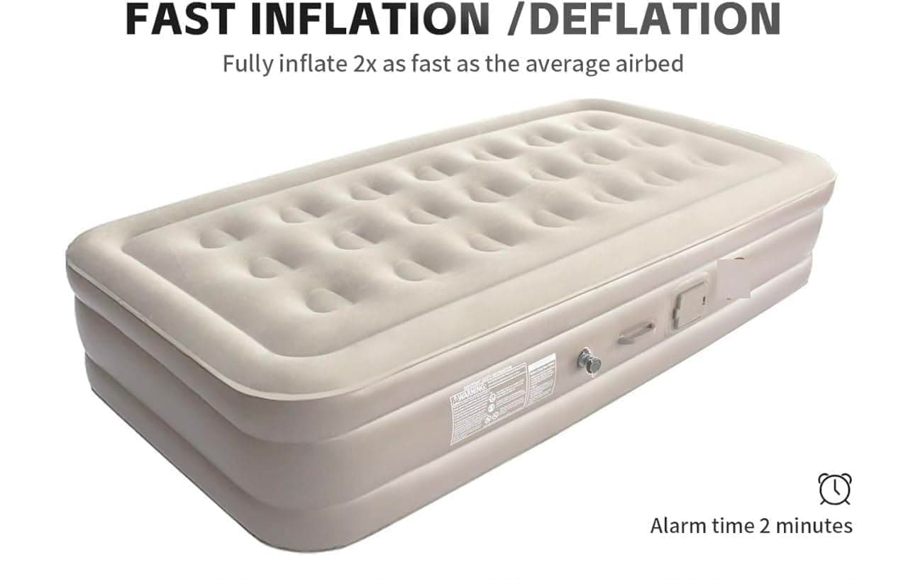 Single Inflatable Air Mattress with Built-in Electric Pump, Double Height Portable Air Bed