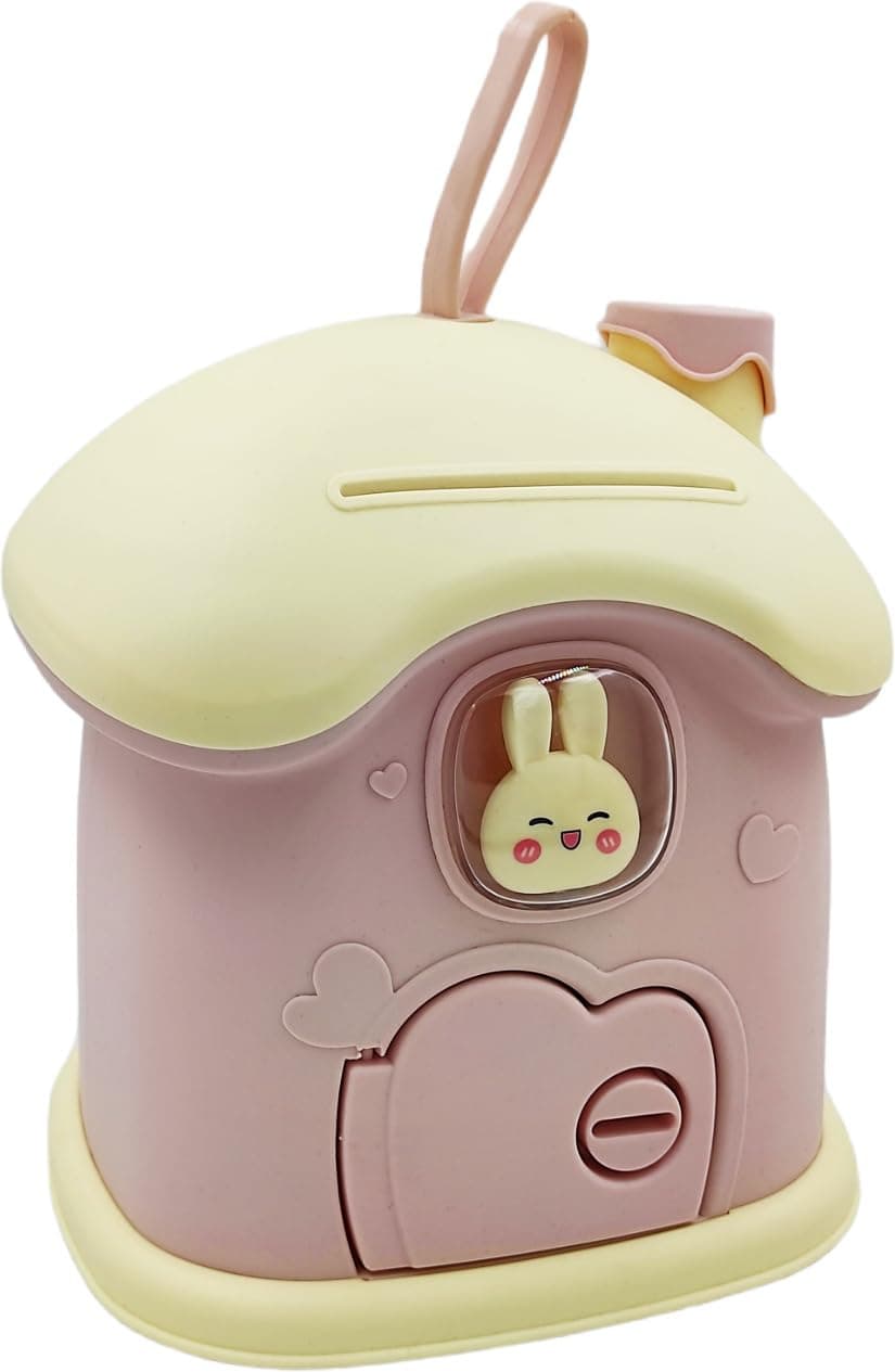 Bunny House Coin Bank with Lock and Key, Notes and Coins Savings Box
