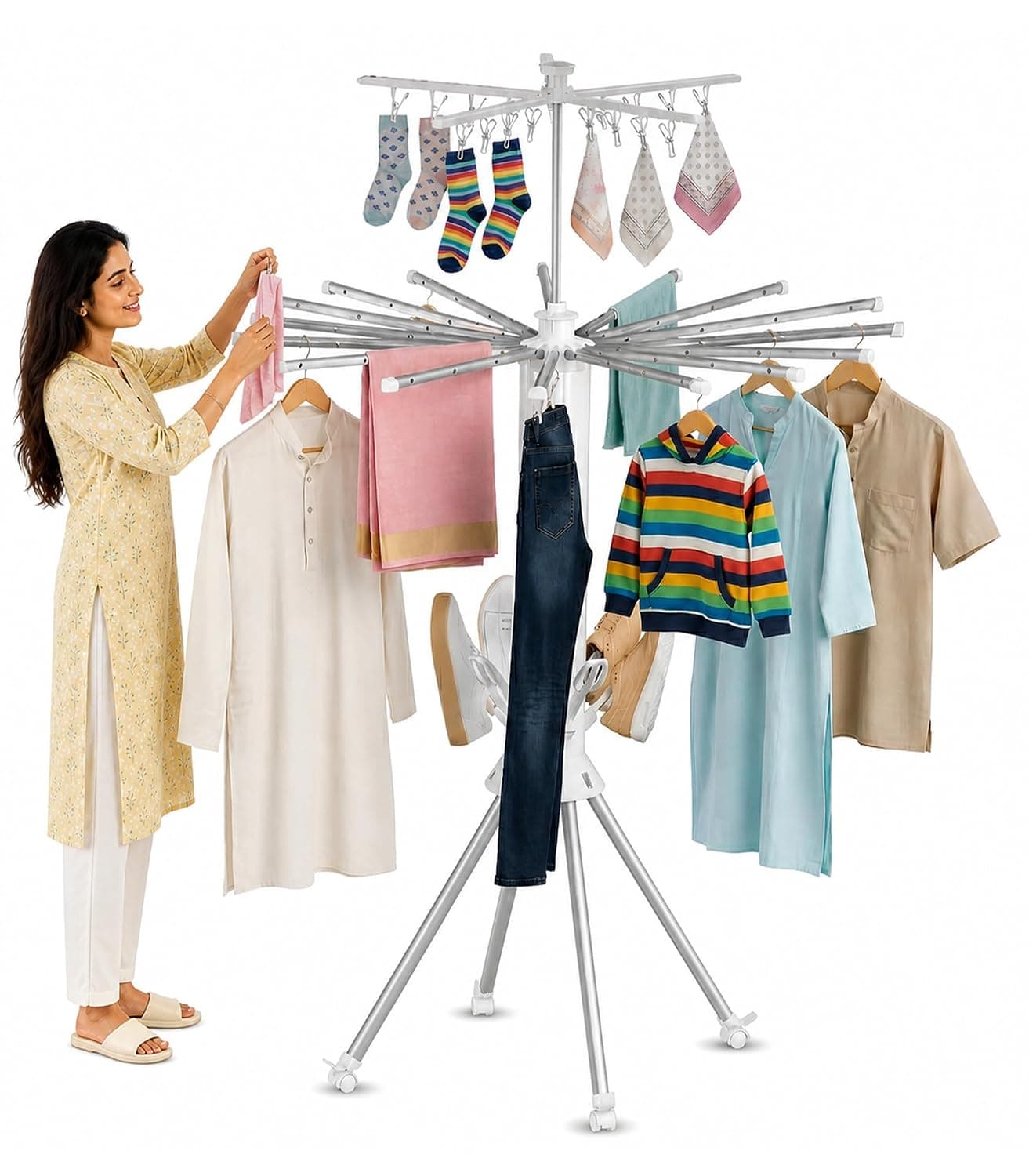 Foldable Rotating 3-Tier Clothes Drying Rack with Wheels, 20 Clips and 6 Shoe Holders