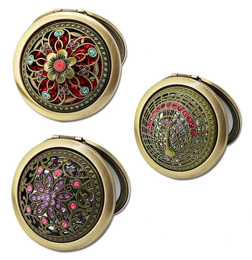 Vintage Floral Compact Mirror Set of 3, Double Sided 2x Magnifying Round Pocket Mirror