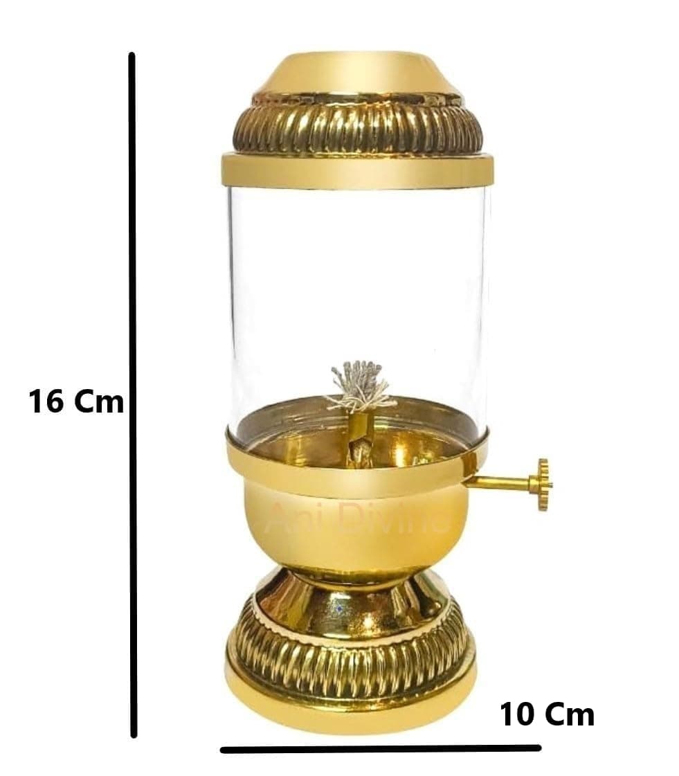 Brass Akhand Diya Lantern with Glass Cover and Adjustable Wick Knob