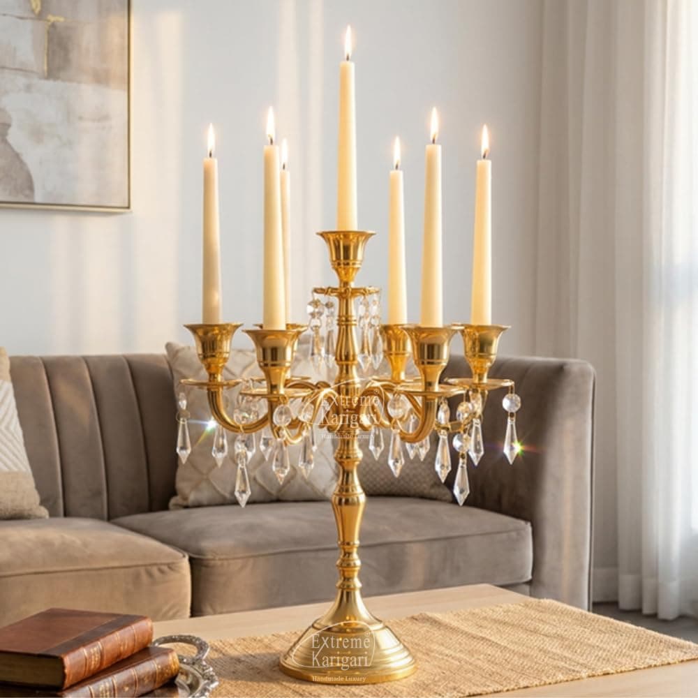 Vintage 7-Arm Gold Candelabra Centrepiece with Hanging Crystal Droplets
