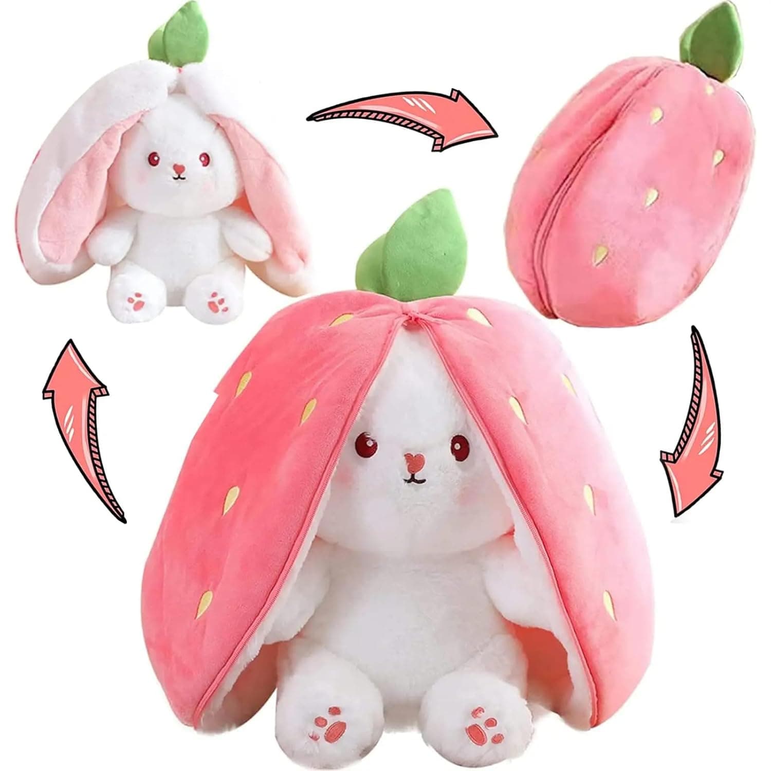 Reversible Strawberry Bunny Plush Toy, 2-in-1 Soft Stuffed Pillow Doll
