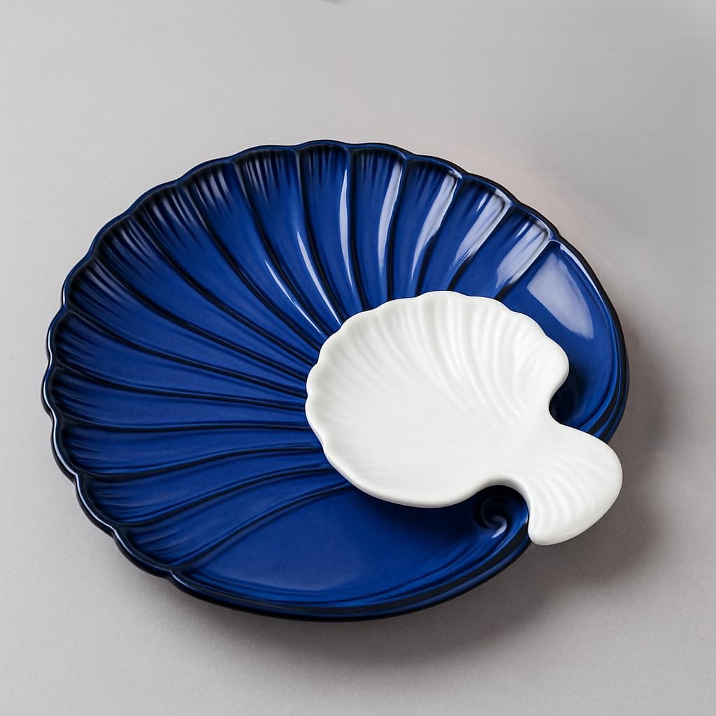 Shell-Shaped Ceramic Serving Platter with Dip Bowl, Blue and White