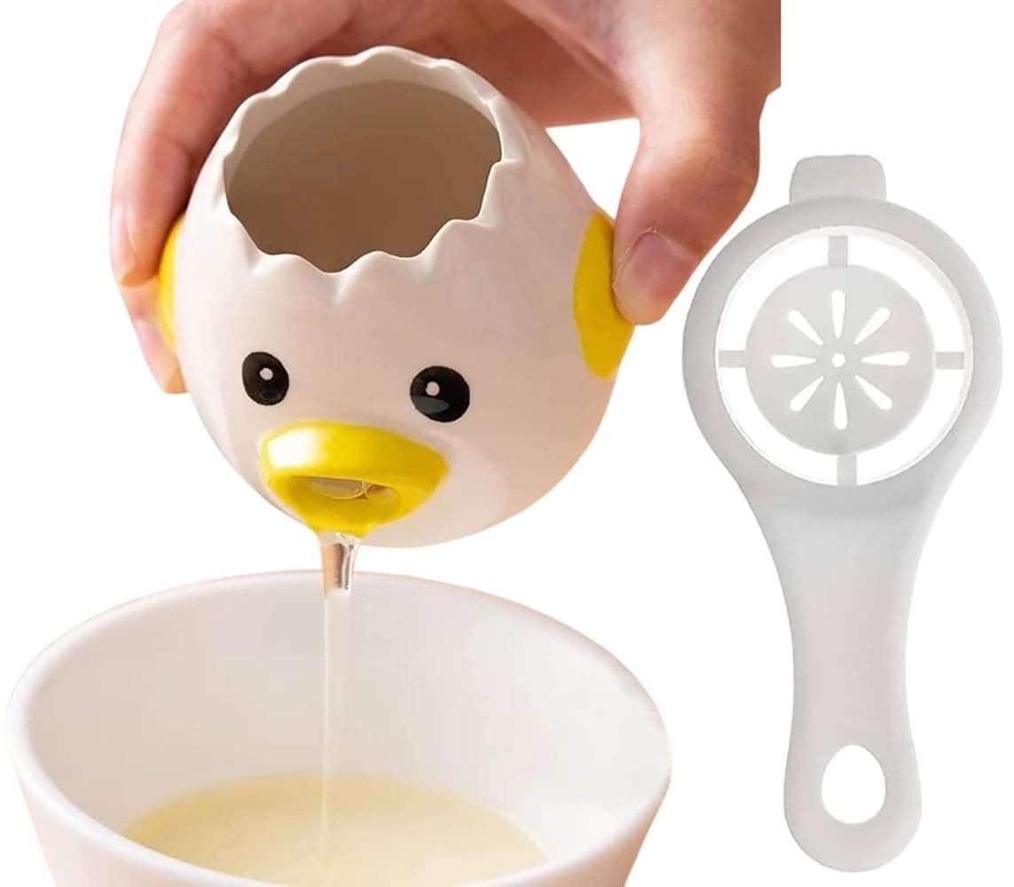 Egg Yolk Separator Set of 2, Chick Ceramic Pour Spout and Plastic Strainer